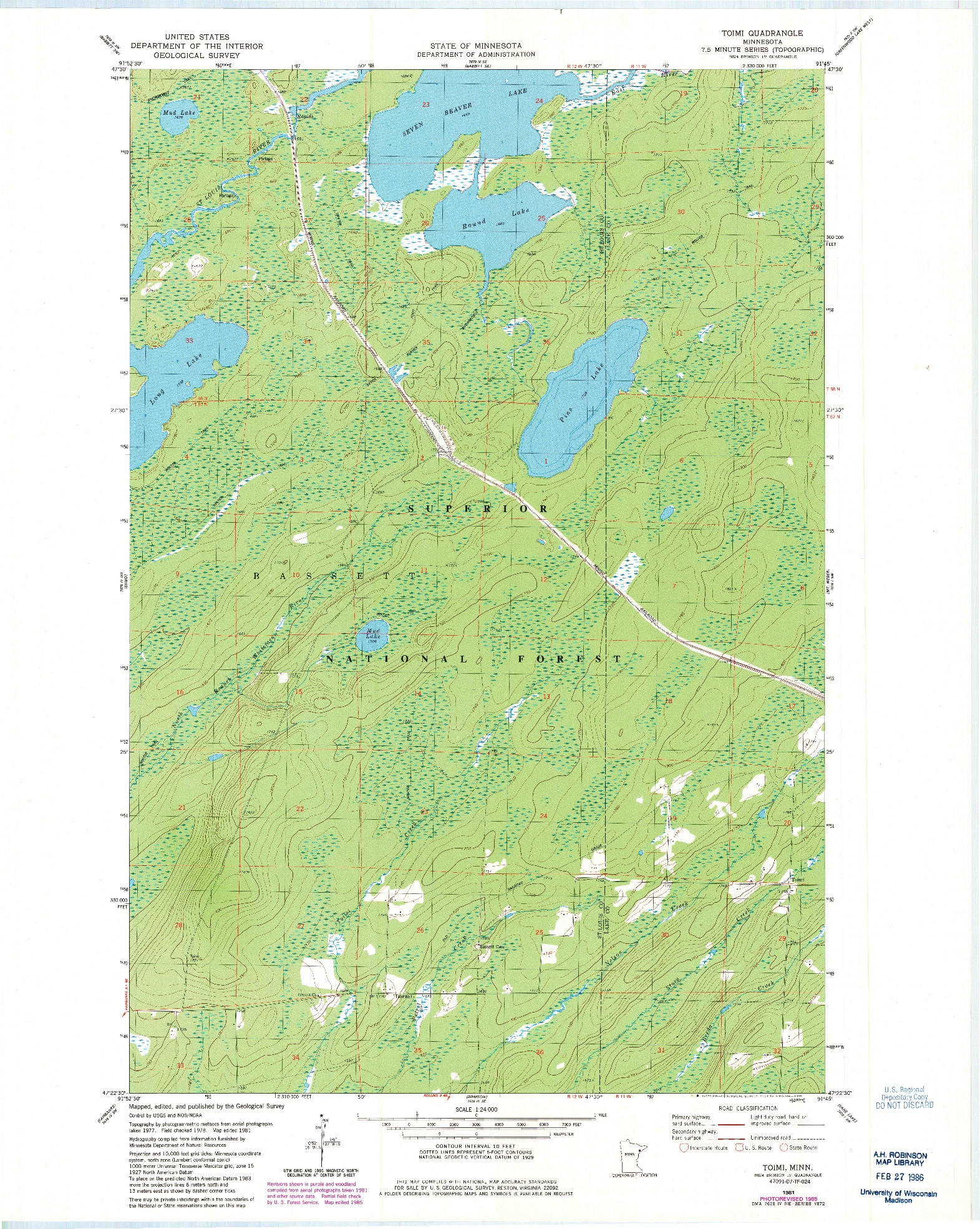USGS 1:24000-SCALE QUADRANGLE FOR TOIMI, MN 1981