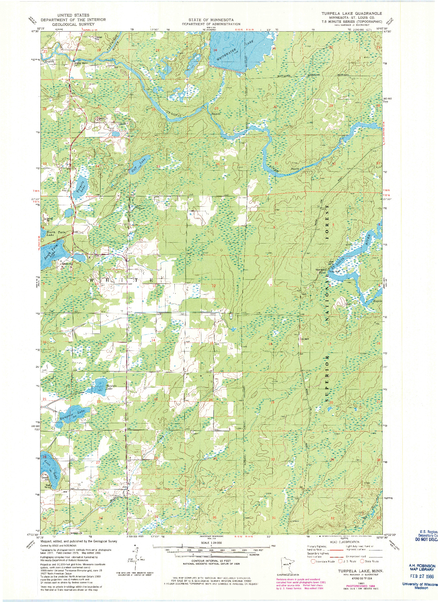 USGS 1:24000-SCALE QUADRANGLE FOR TURPELA LAKE, MN 1981