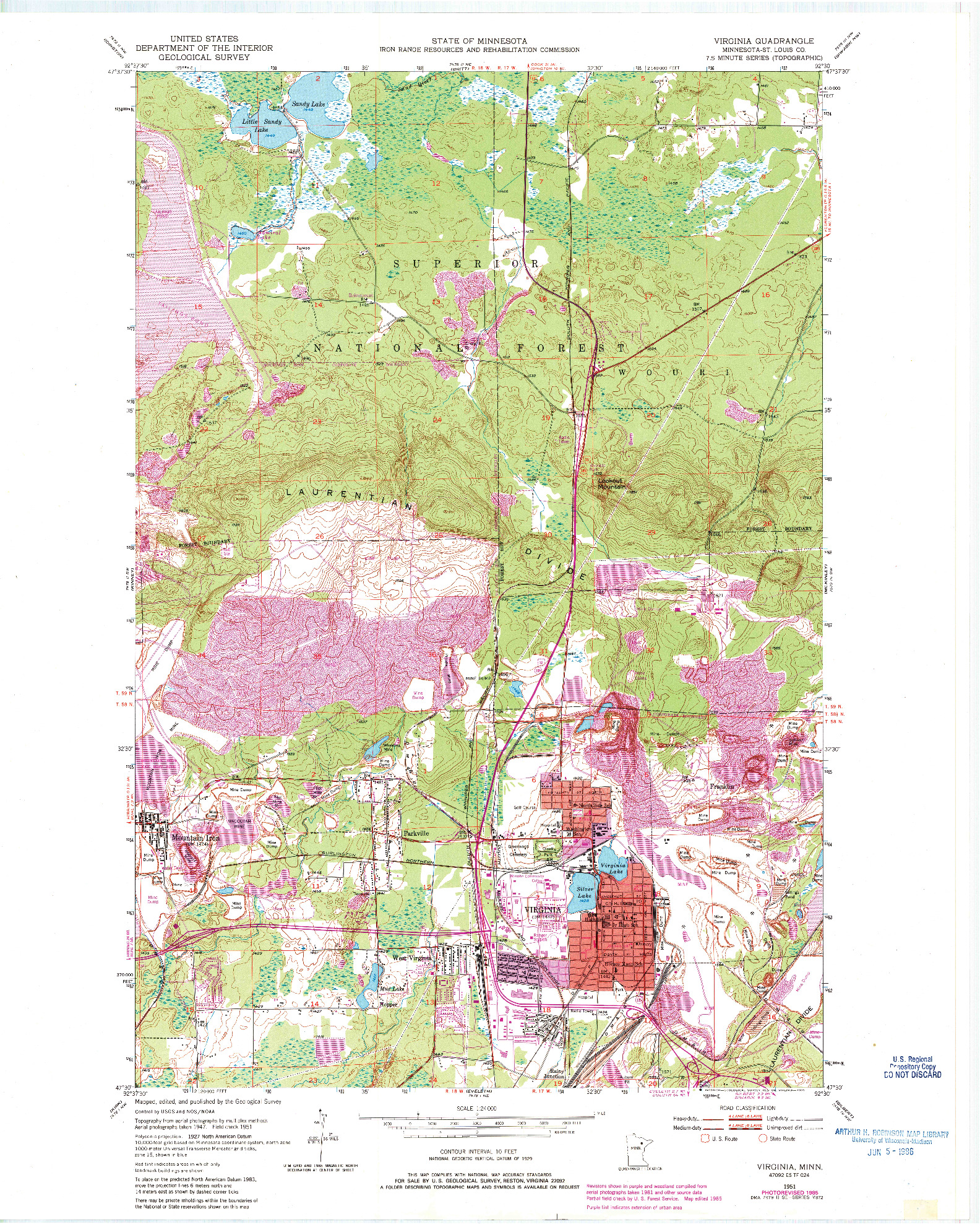 USGS 1:24000-SCALE QUADRANGLE FOR VIRGINIA, MN 1951