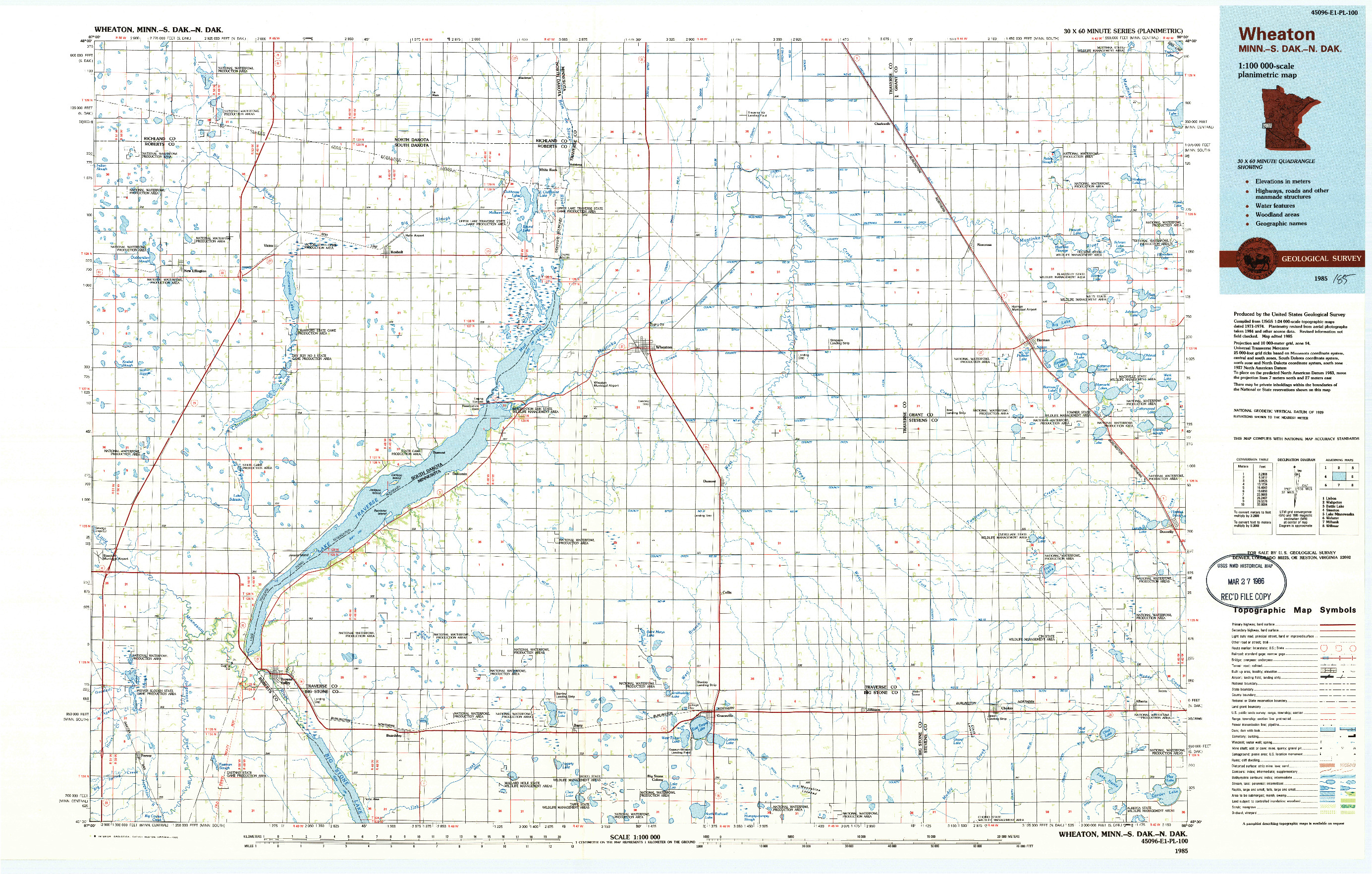 USGS 1:100000-SCALE QUADRANGLE FOR WHEATON, MN 1985
