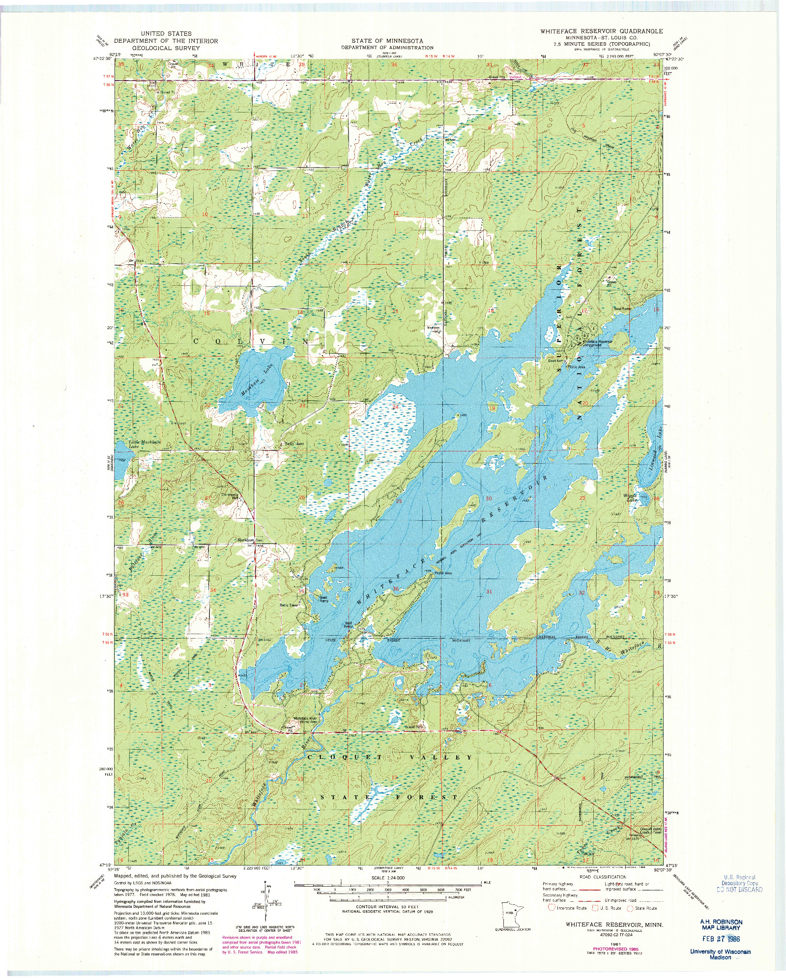 USGS 1:24000-SCALE QUADRANGLE FOR WHITEFACE RESERVOIR, MN 1981