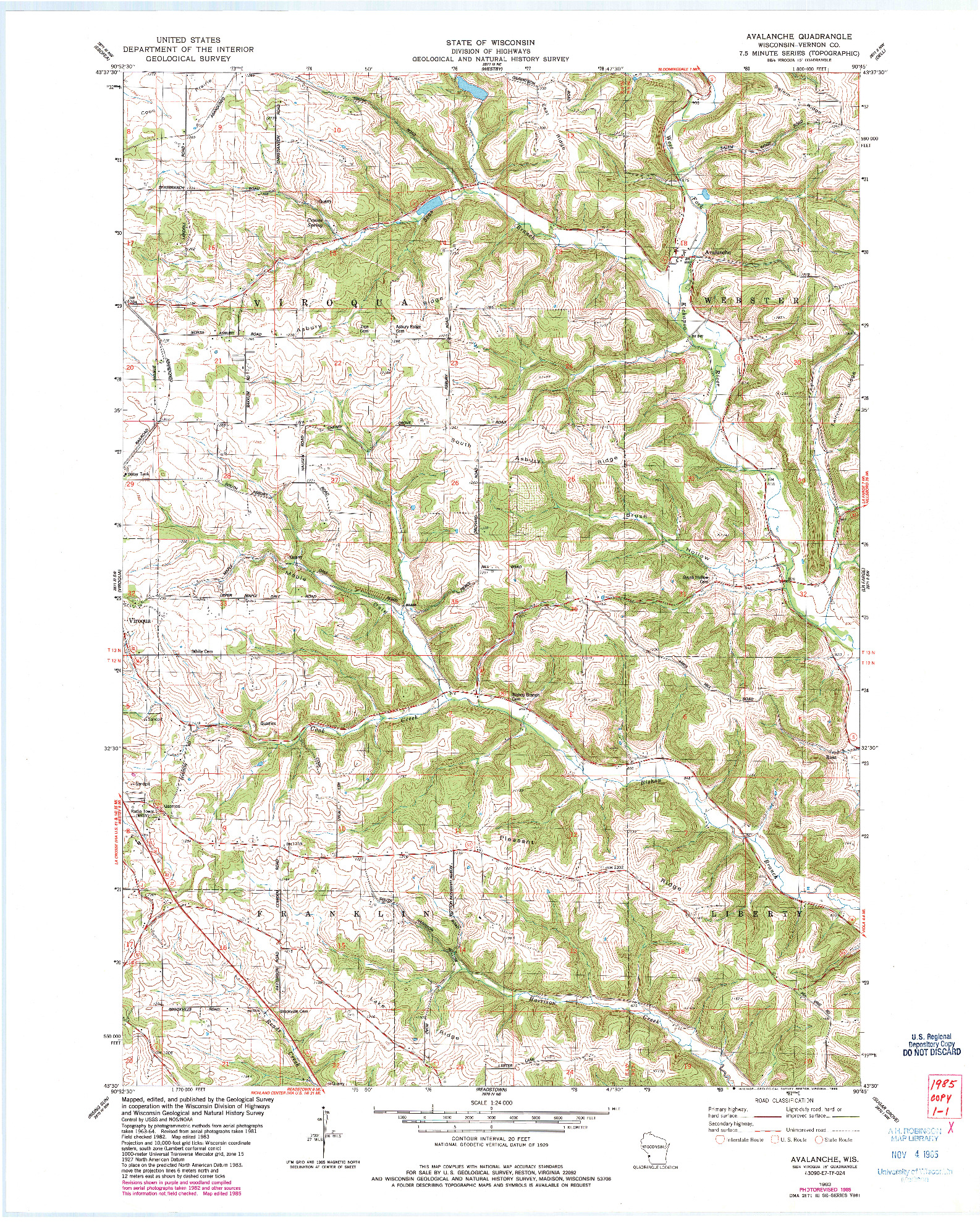 USGS 1:24000-SCALE QUADRANGLE FOR AVALANCHE, WI 1983