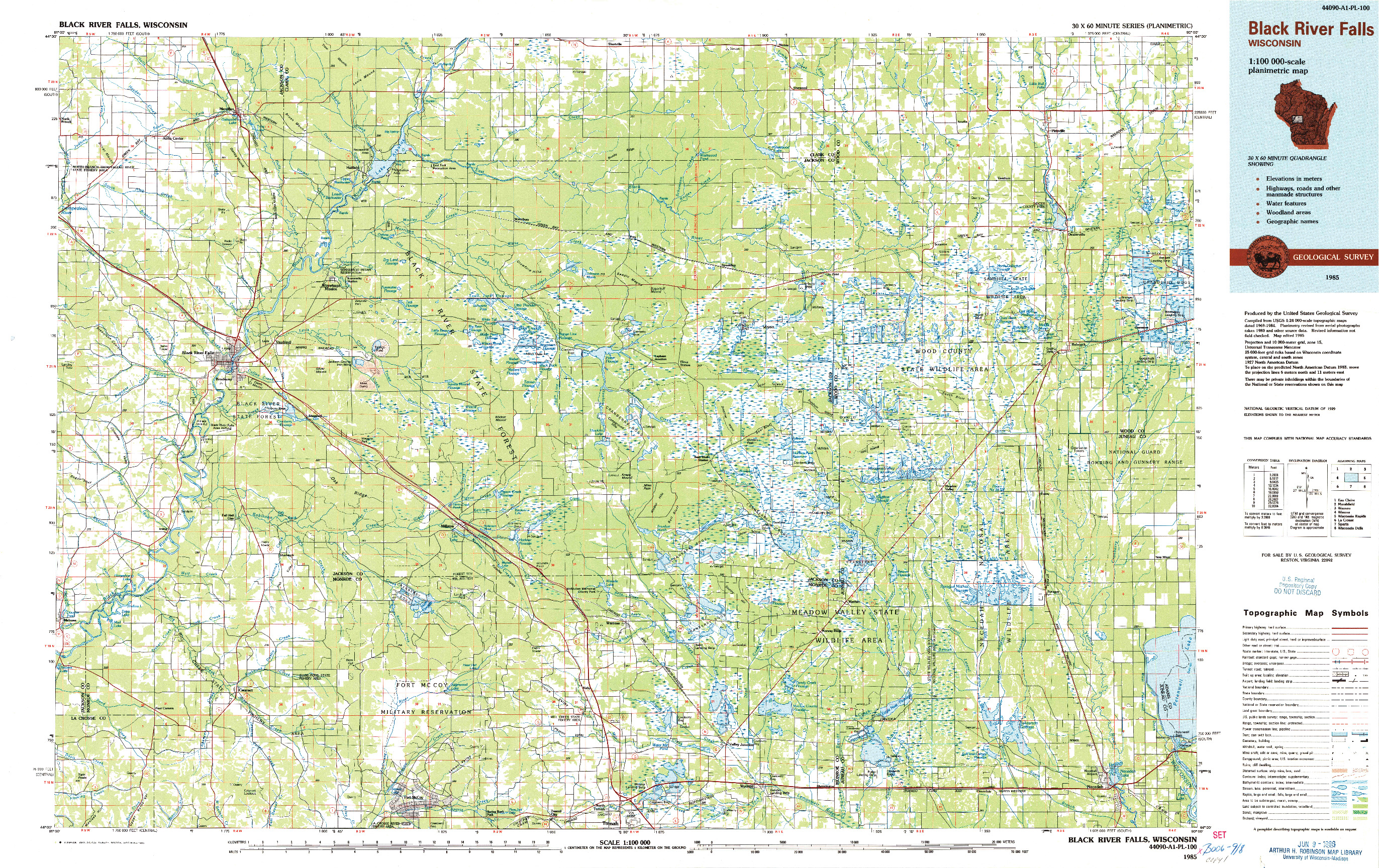 USGS 1:100000-SCALE QUADRANGLE FOR BLACK RIVER FALLS, WI 1985