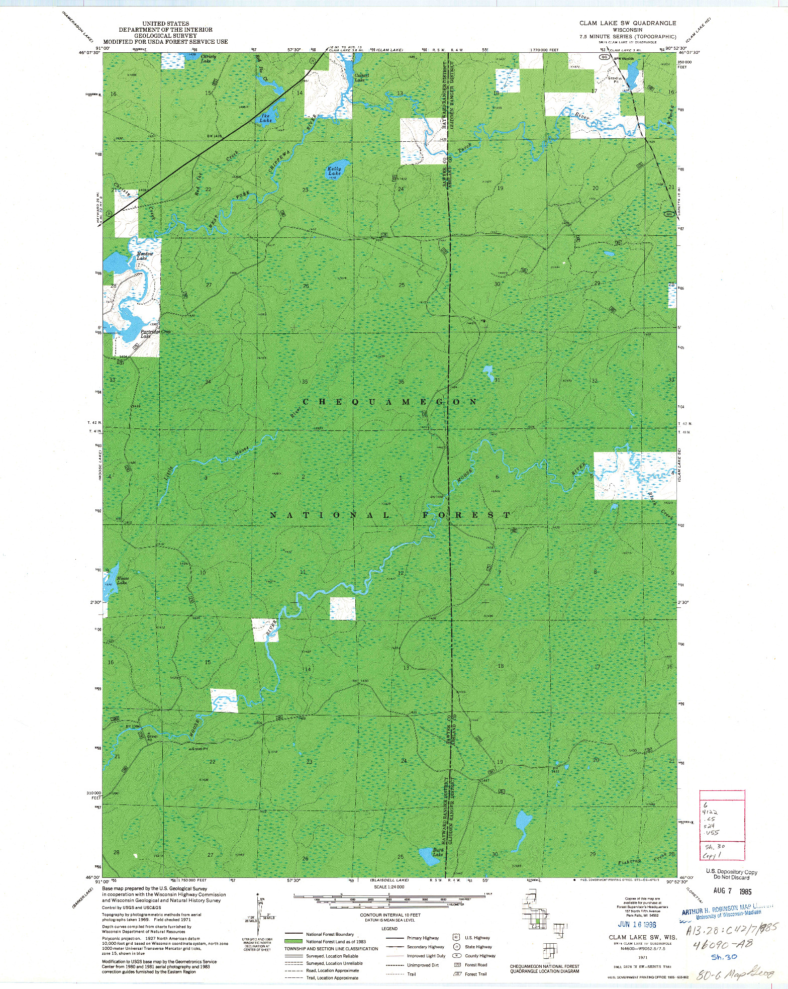 USGS 1:24000-SCALE QUADRANGLE FOR CLAM LAKE SW, WI 1971