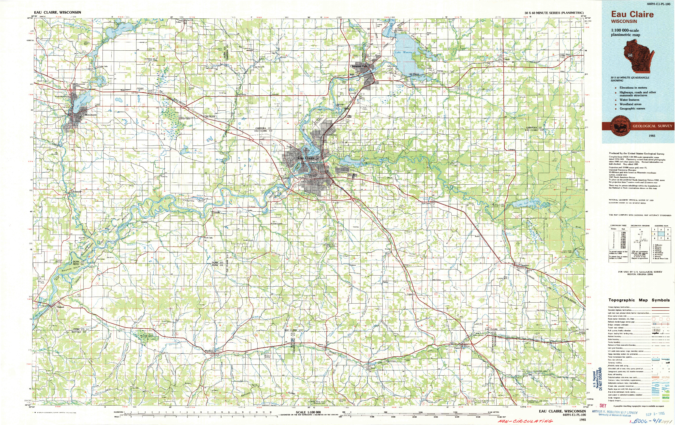 USGS 1:100000-SCALE QUADRANGLE FOR EAU CLAIRE, WI 1985