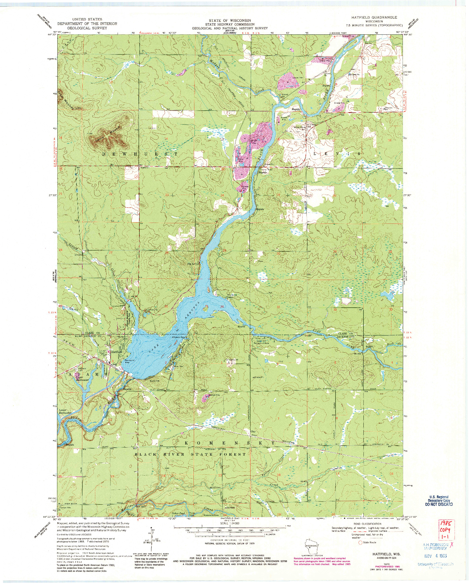 USGS 1:24000-SCALE QUADRANGLE FOR HATFIELD, WI 1970