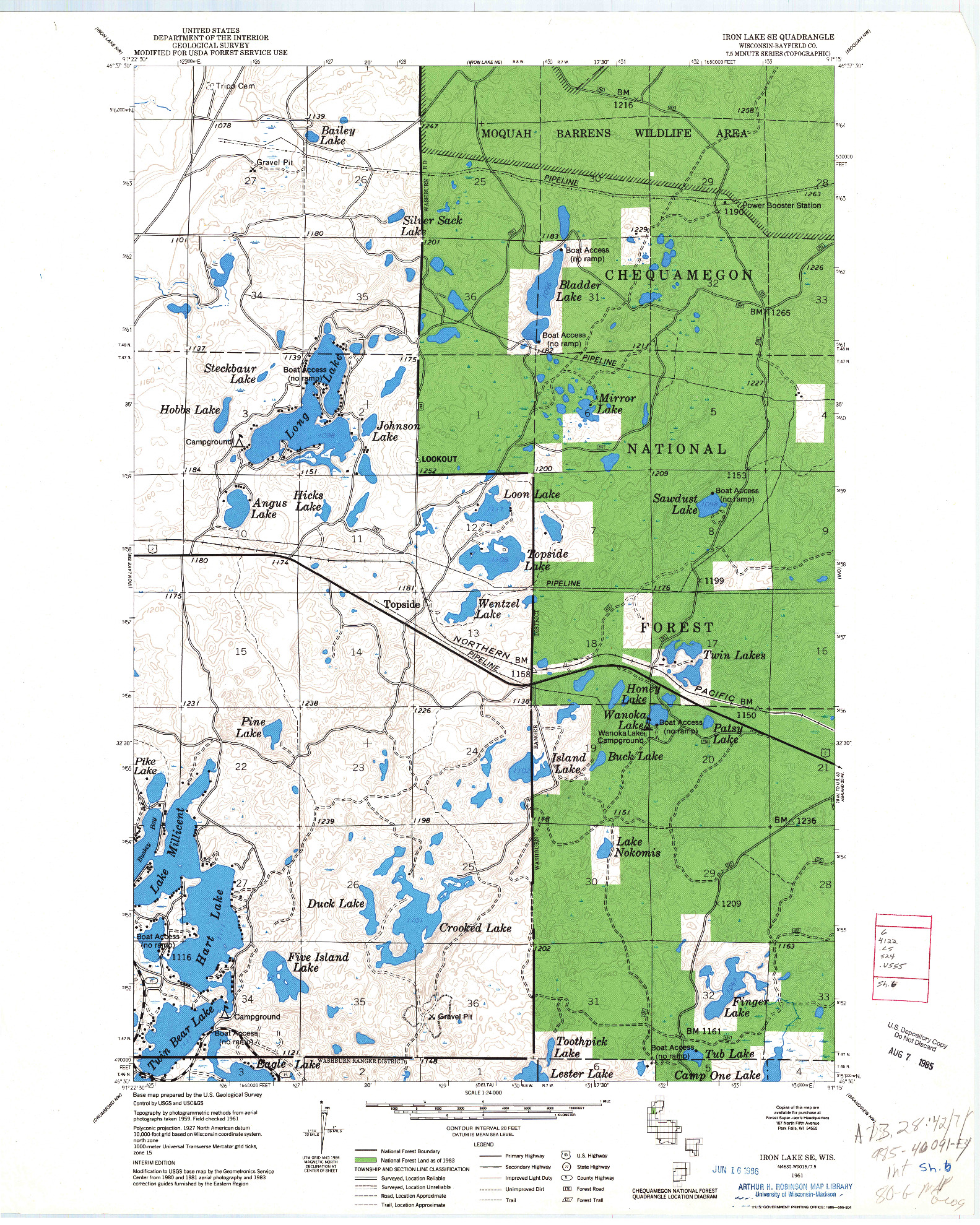 USGS 1:24000-SCALE QUADRANGLE FOR IRON LAKE SE, WI 1961