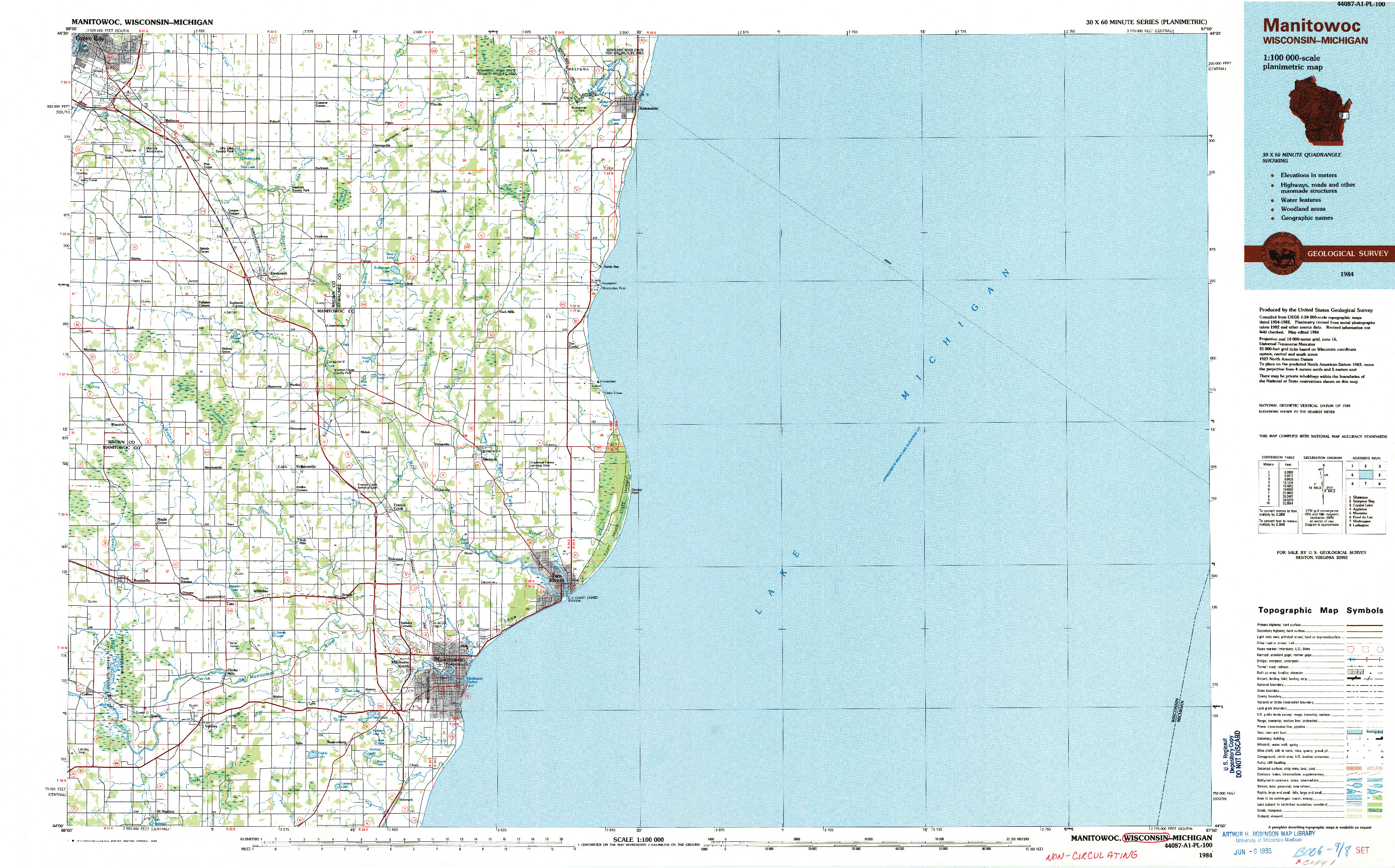 USGS 1:100000-SCALE QUADRANGLE FOR MANITOWOC, WI 1984