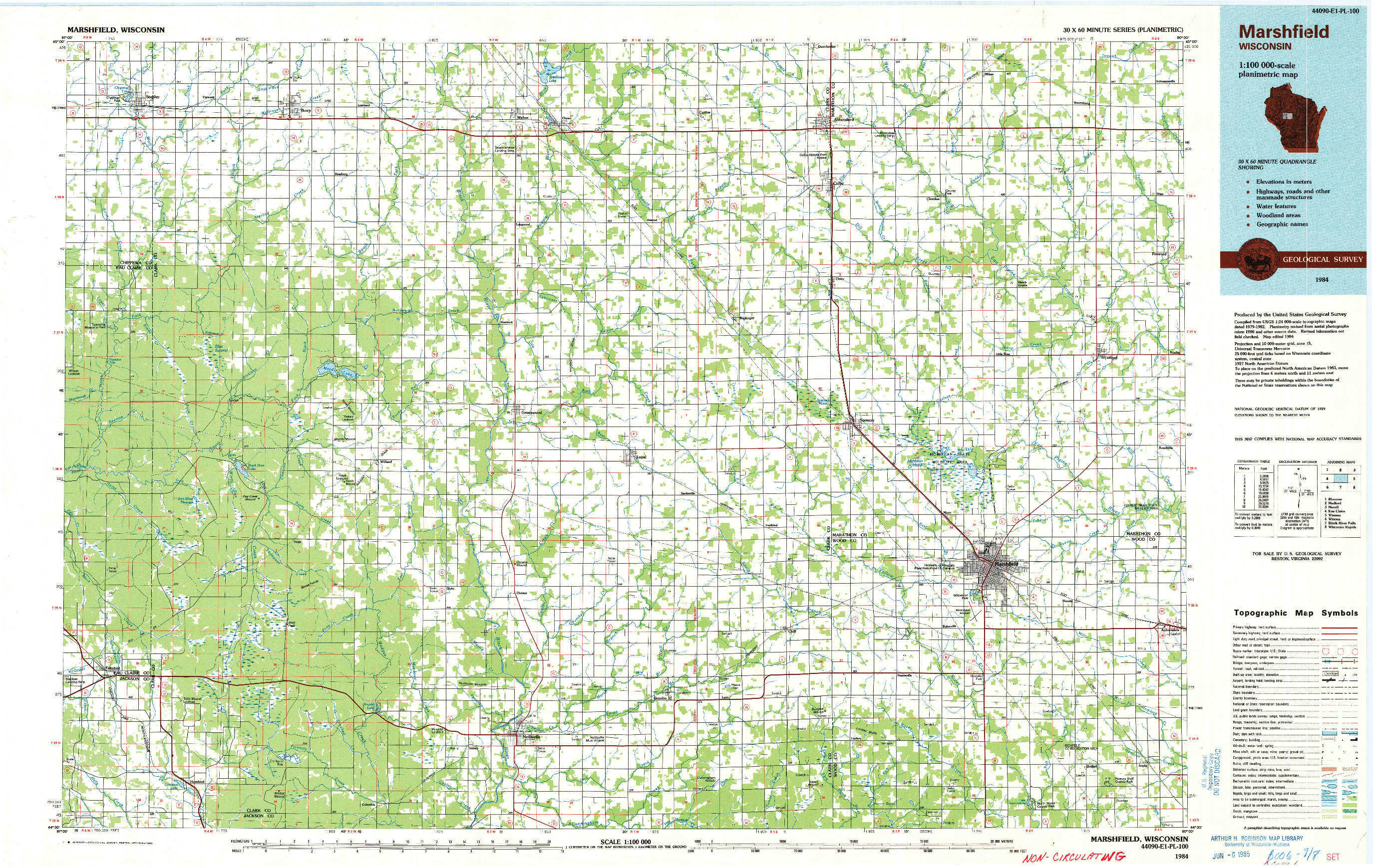 USGS 1:100000-SCALE QUADRANGLE FOR MARSHFIELD, WI 1984