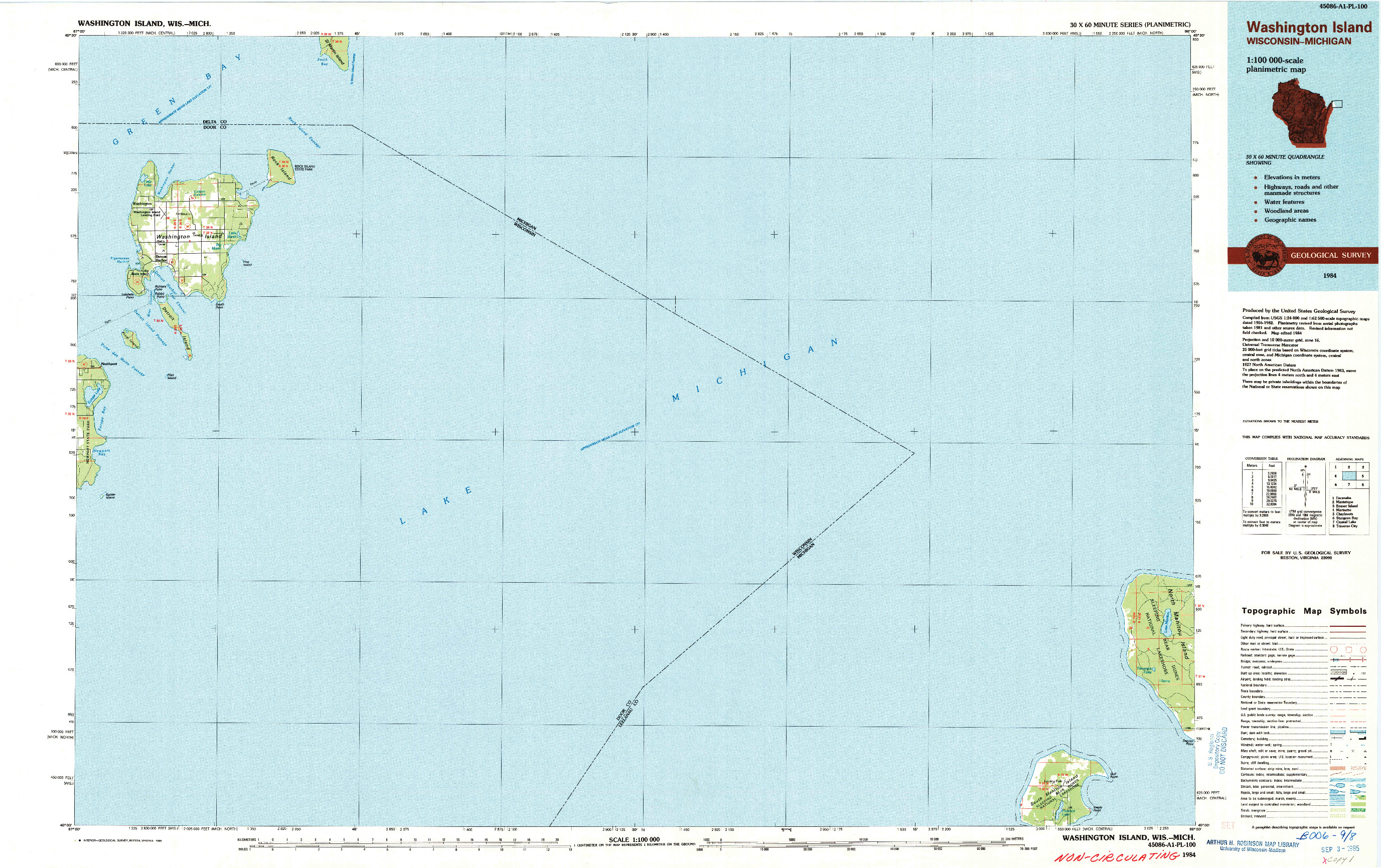 USGS 1:100000-SCALE QUADRANGLE FOR WASHINGTON ISLAND, WI 1984