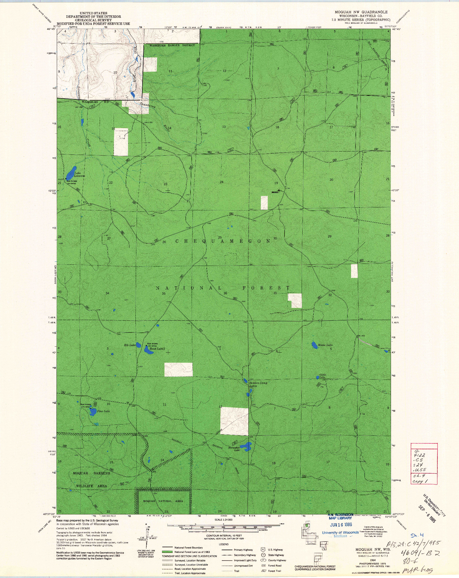 USGS 1:24000-SCALE QUADRANGLE FOR MOQUAH NW, WI 1964