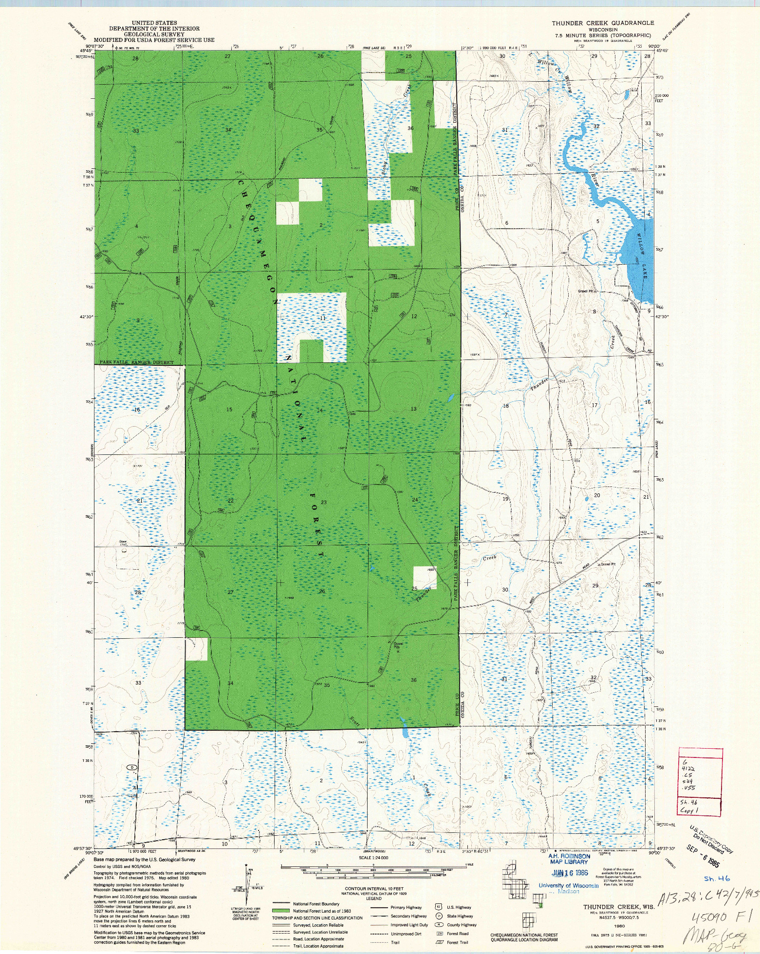 USGS 1:24000-SCALE QUADRANGLE FOR THUNDER CREEK, WI 1980