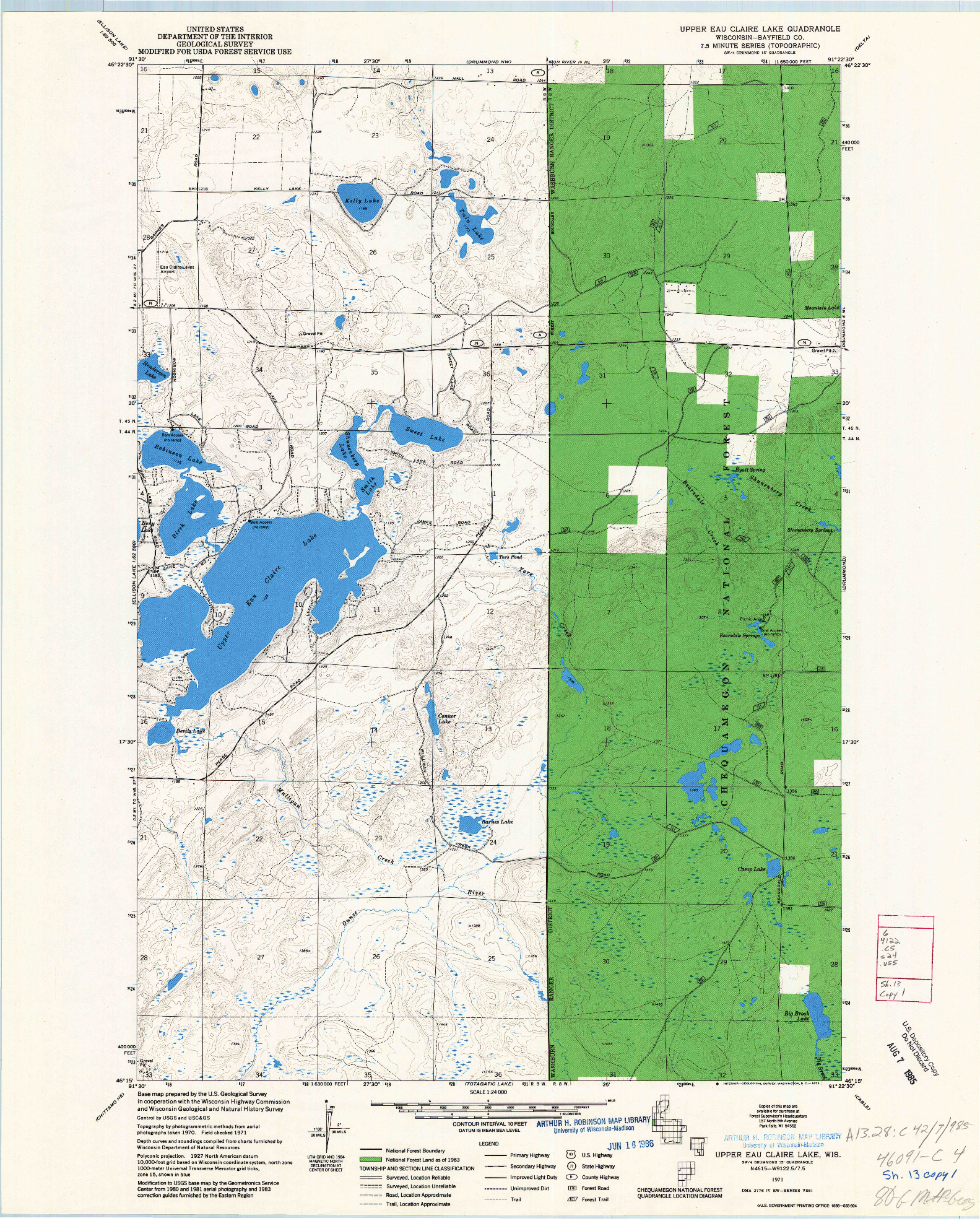 USGS 1:24000-SCALE QUADRANGLE FOR UPPER EAU CLAIRE LAKE, WI 1971