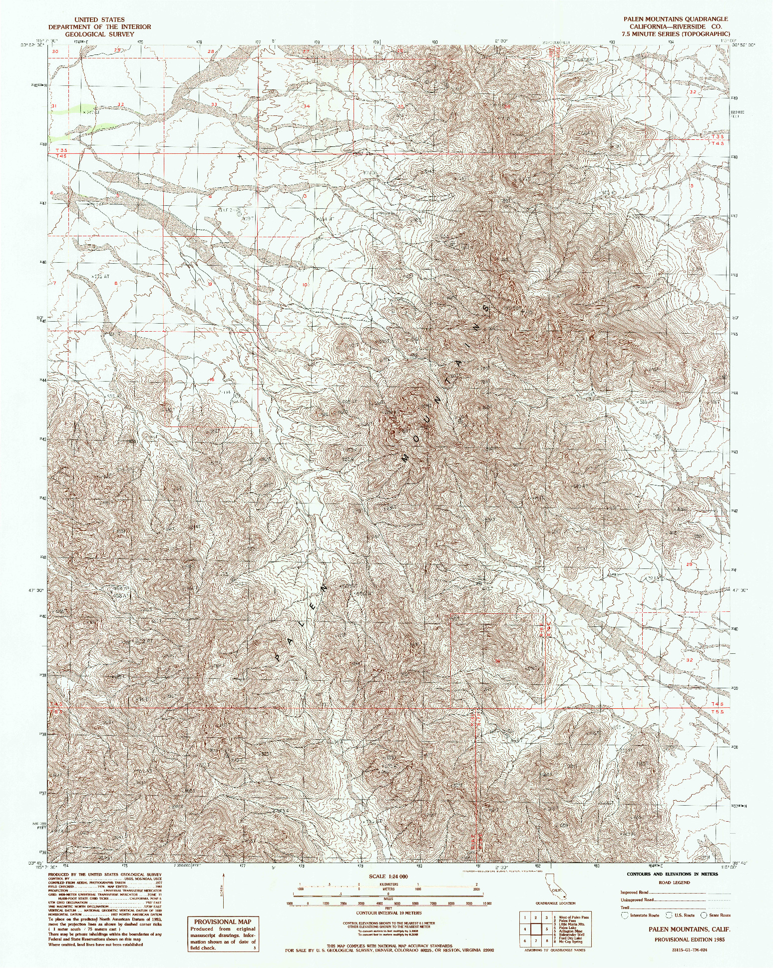 USGS 1:24000-SCALE QUADRANGLE FOR PALEN MOUNTAINS, CA 1985