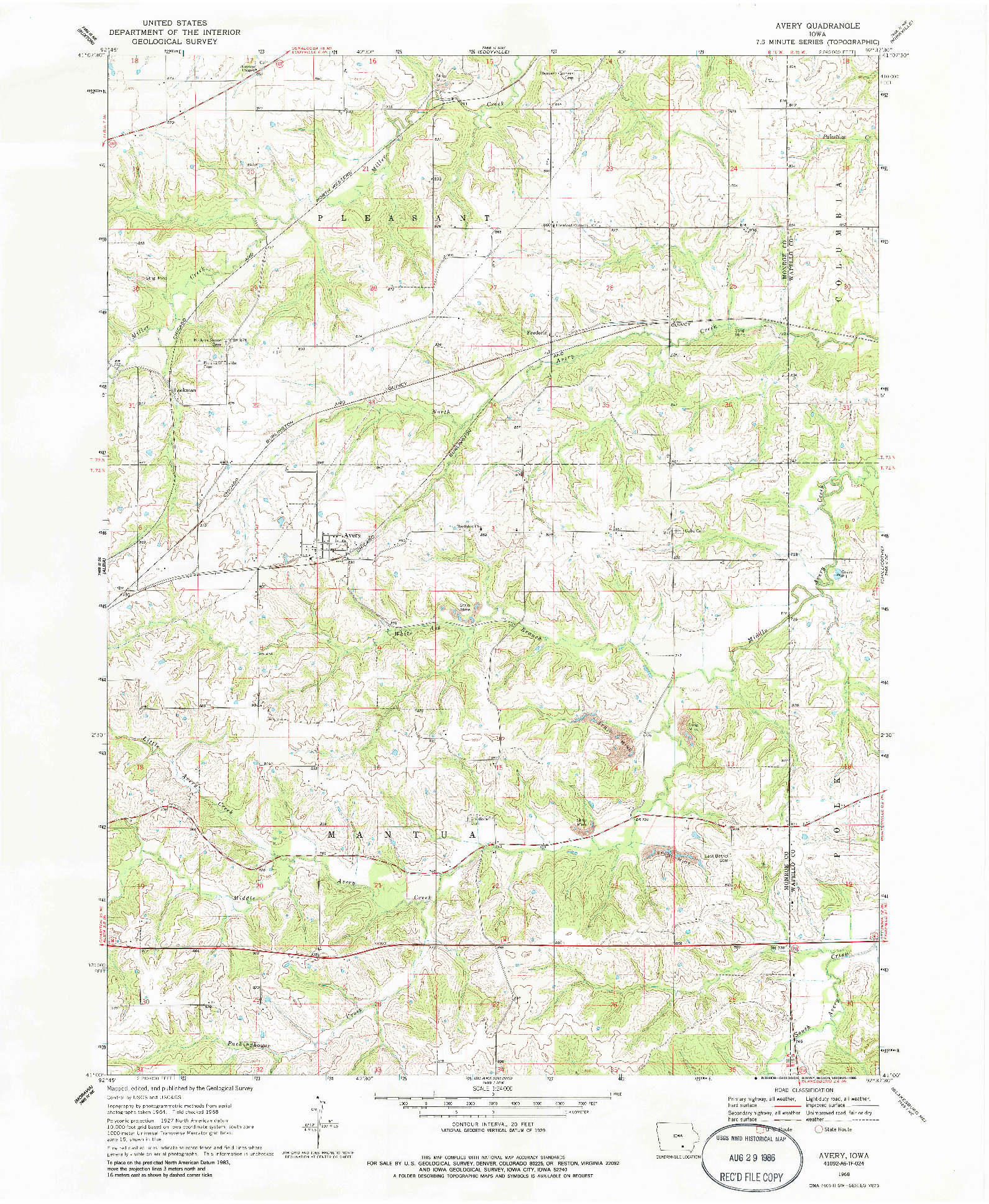 USGS 1:24000-SCALE QUADRANGLE FOR AVERY, IA 1968