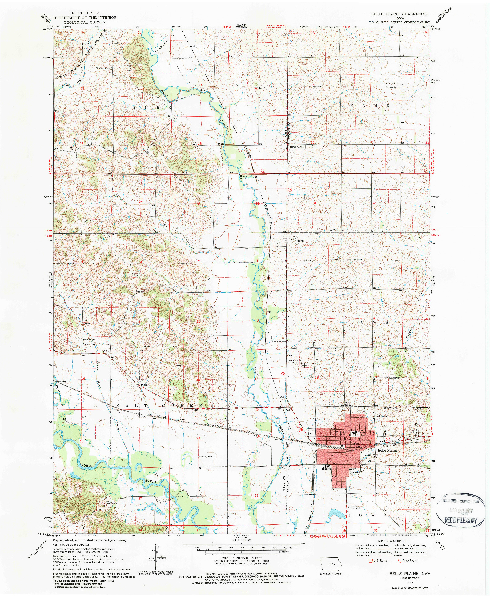 USGS 1:24000-SCALE QUADRANGLE FOR BELLE PLAINE, IA 1968