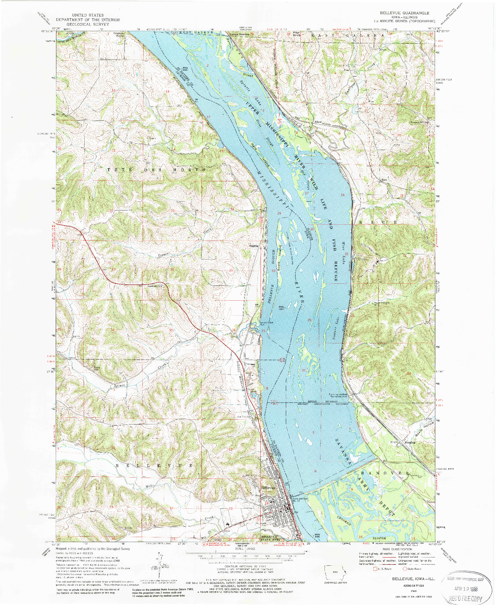 USGS 1:24000-SCALE QUADRANGLE FOR BELLEVUE, IA 1968