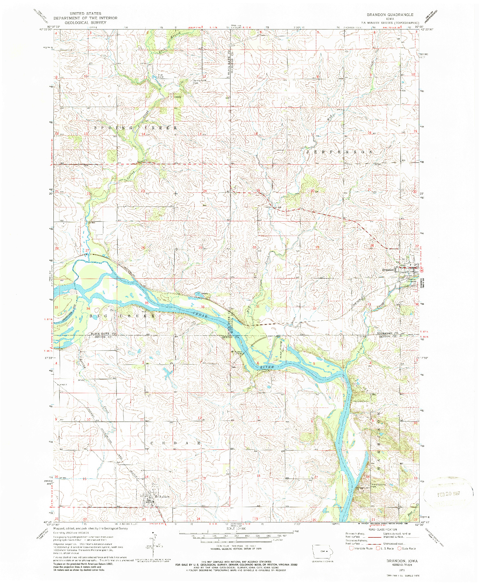 USGS 1:24000-SCALE QUADRANGLE FOR BRANDON, IA 1971