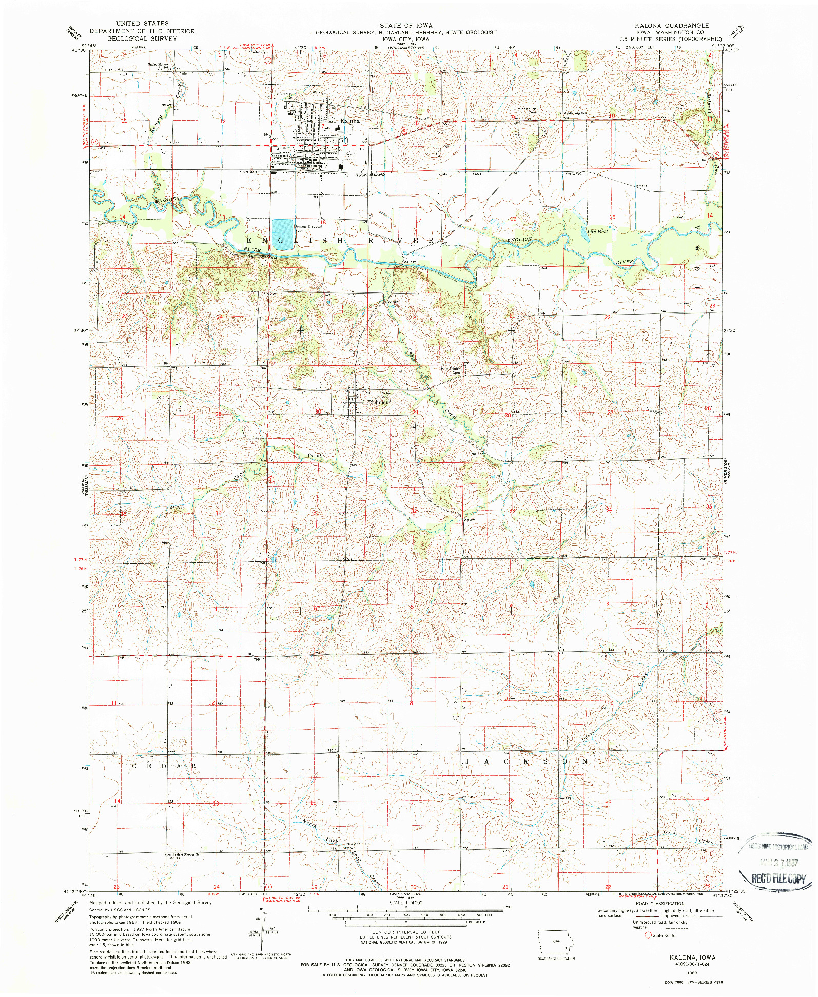 USGS 1:24000-SCALE QUADRANGLE FOR KALONA, IA 1969