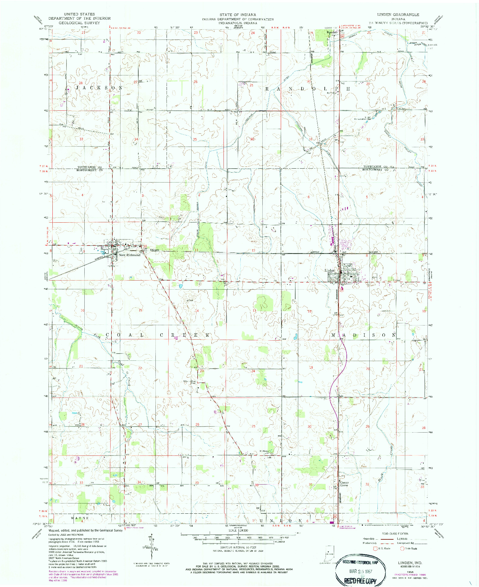 USGS 1:24000-SCALE QUADRANGLE FOR LIINDEN, IN 1958