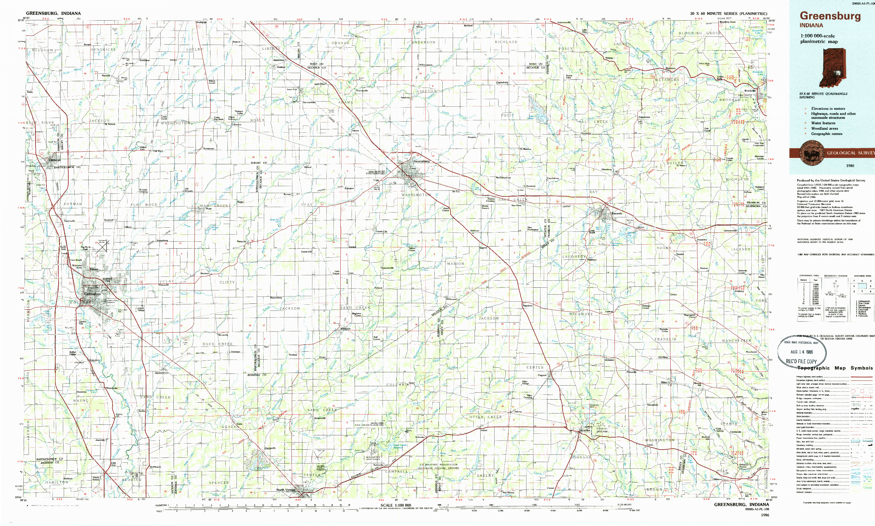USGS 1:100000-SCALE QUADRANGLE FOR GREENSBURG, IN 1986