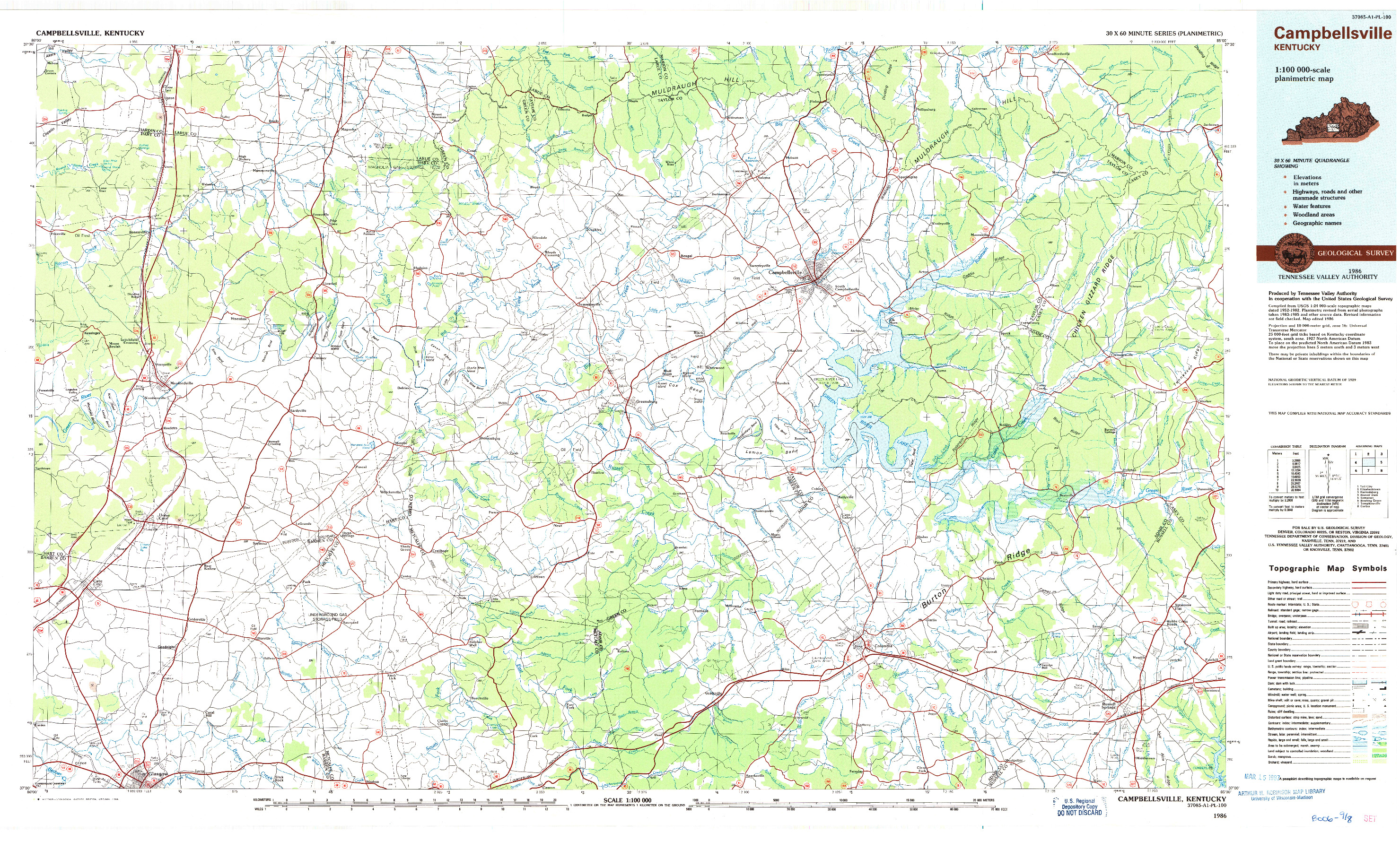 USGS 1:100000-SCALE QUADRANGLE FOR CAMPBELLSVILLE, KY 1986