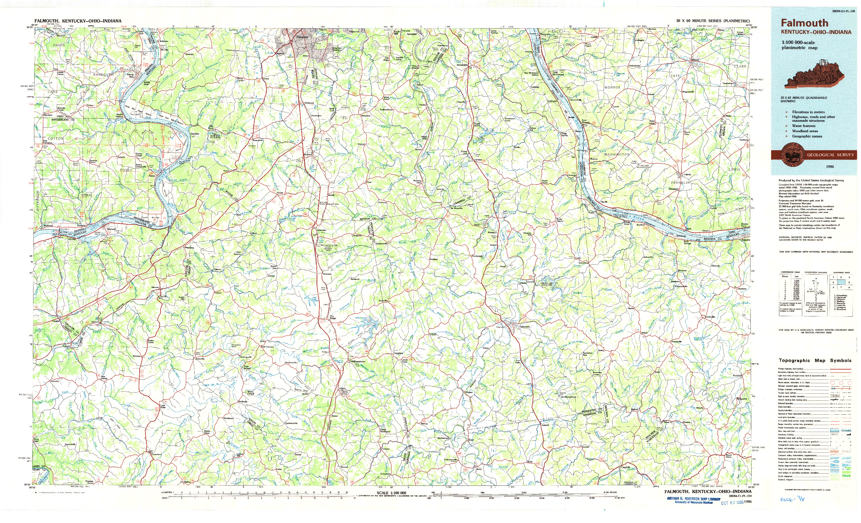 USGS 1:100000-SCALE QUADRANGLE FOR FALMOUTH, KY 1986