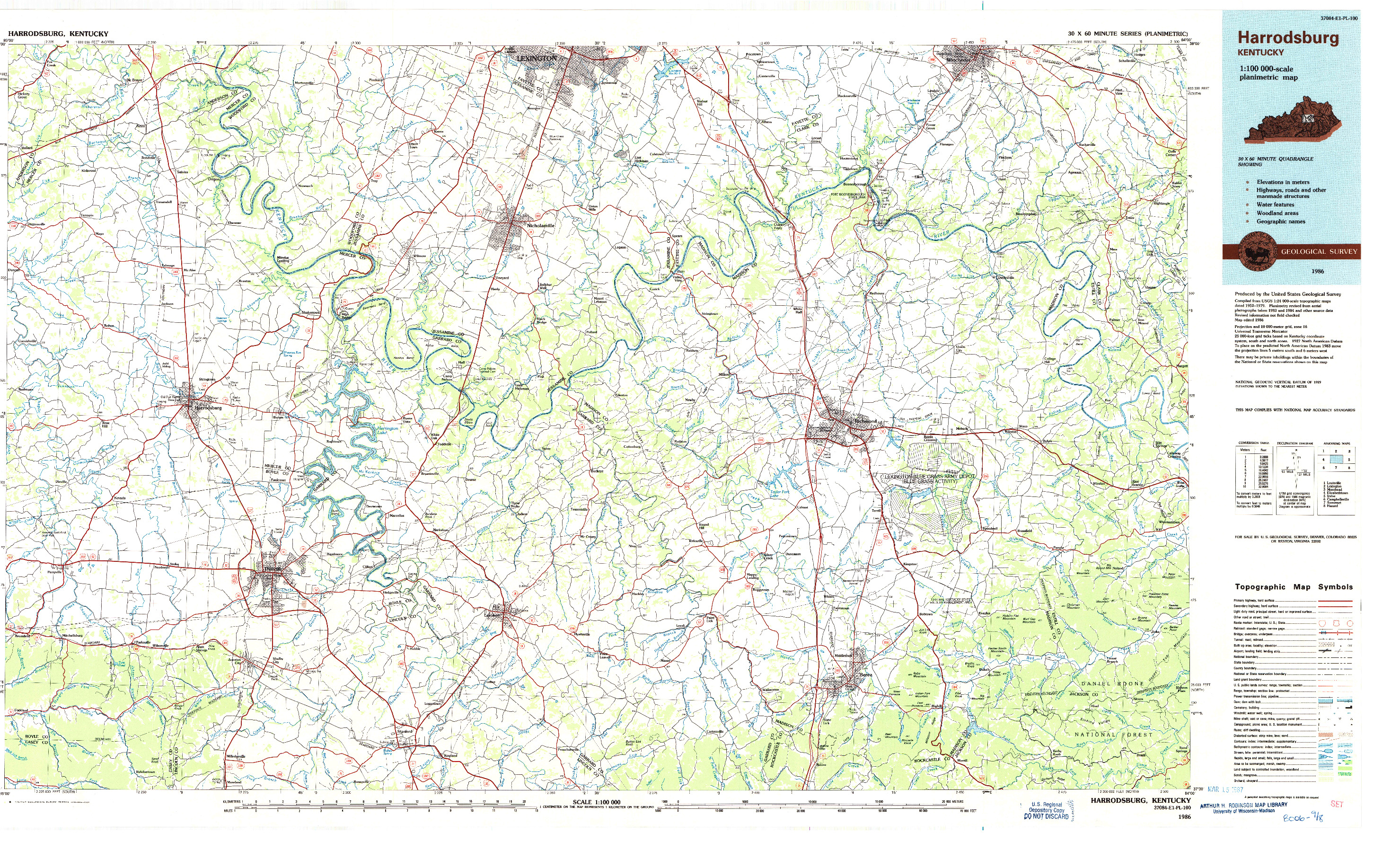 USGS 1:100000-SCALE QUADRANGLE FOR HARRODSBURG, KY 1986