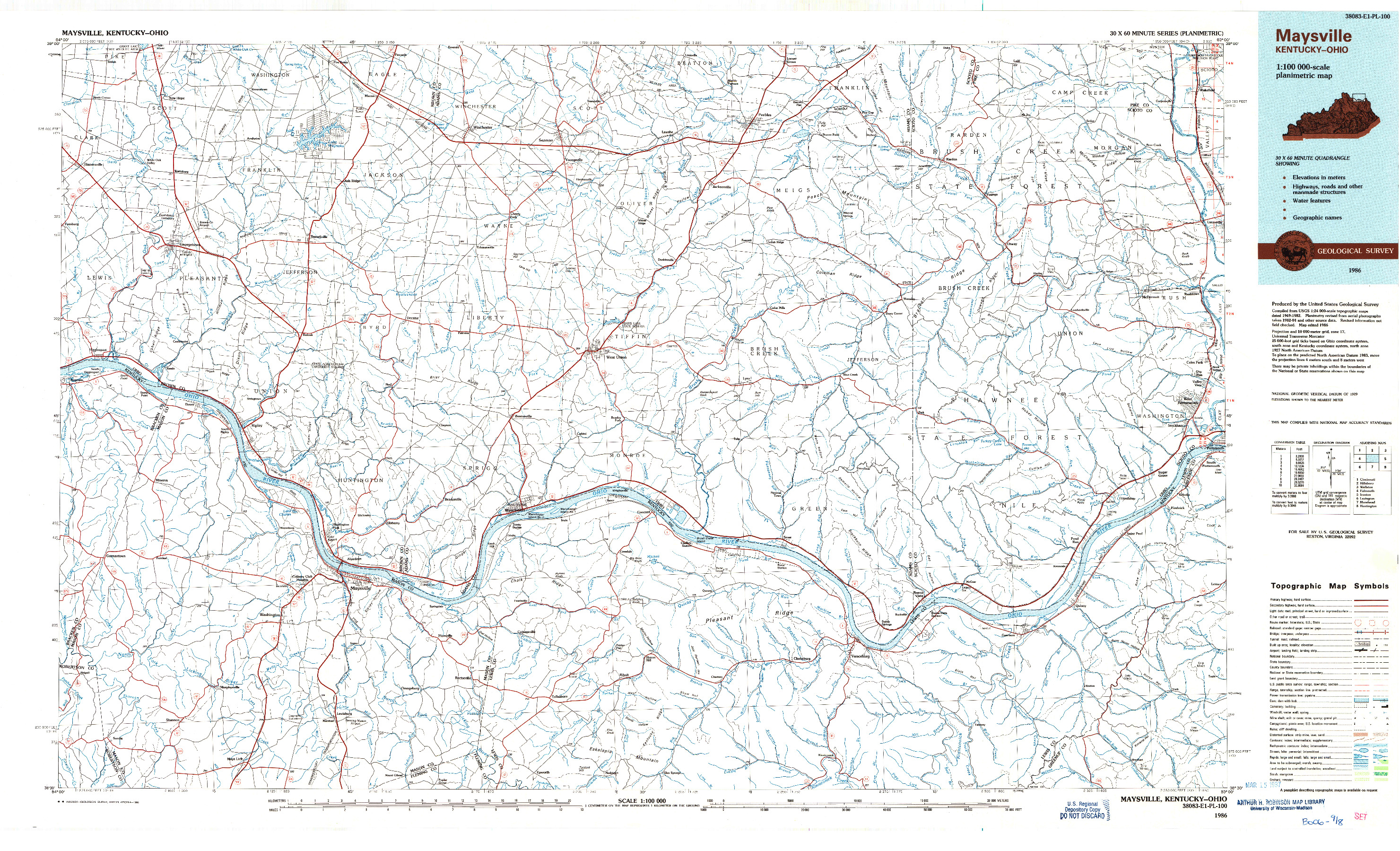 USGS 1:100000-SCALE QUADRANGLE FOR MAYSVILLE, KY 1986