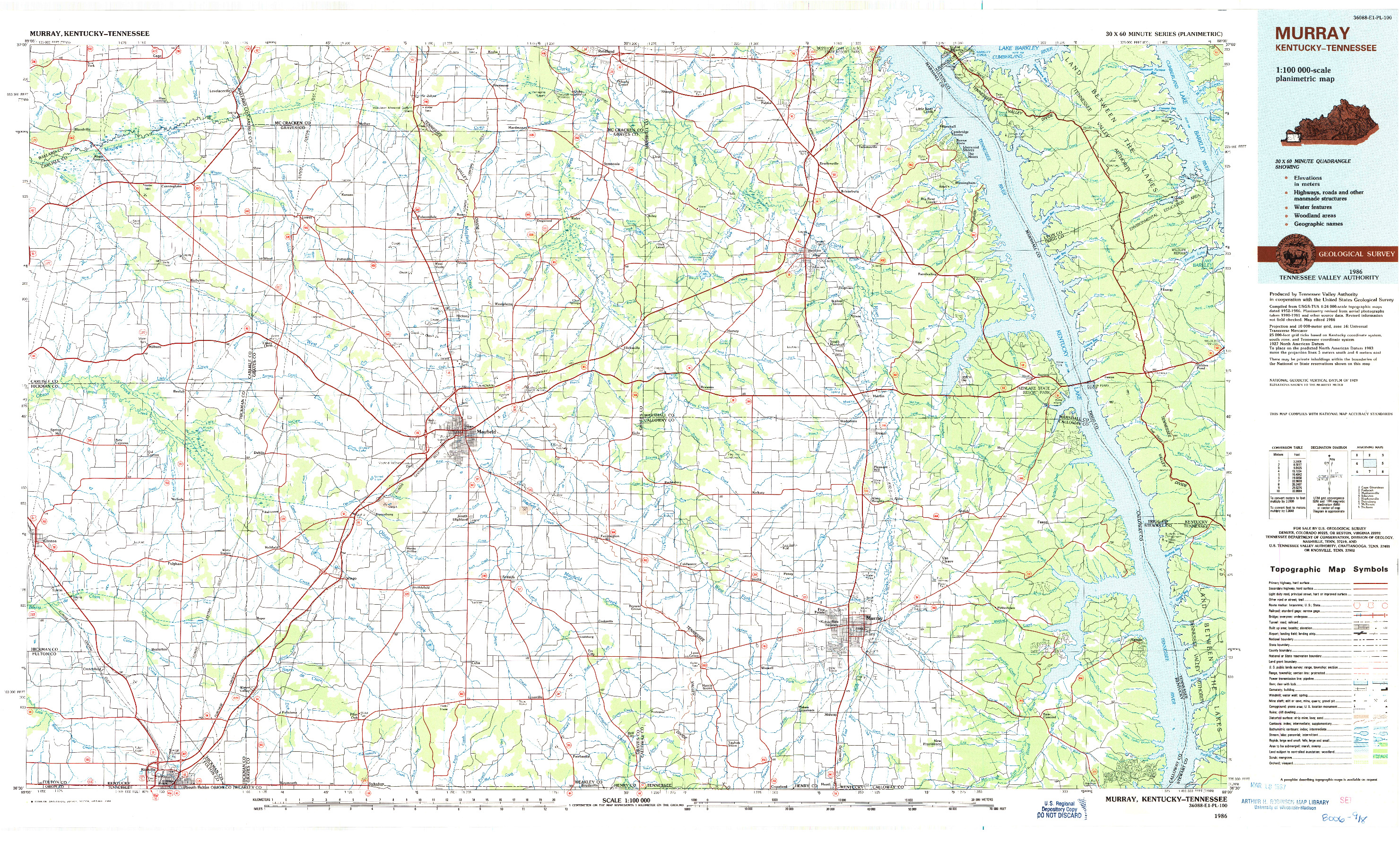 USGS 1:100000-SCALE QUADRANGLE FOR MURRAY, KY 1986