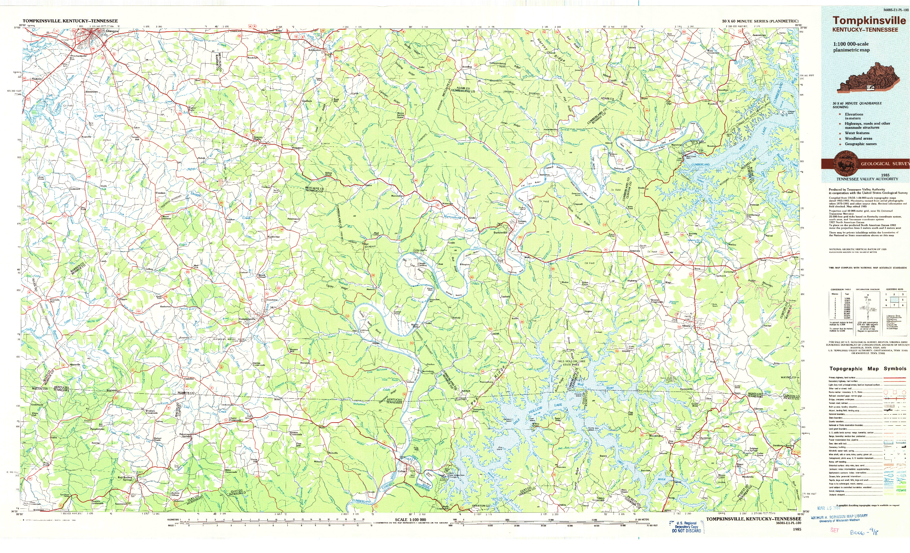 USGS 1:100000-SCALE QUADRANGLE FOR TOMPKINSVILLE, KY 1985