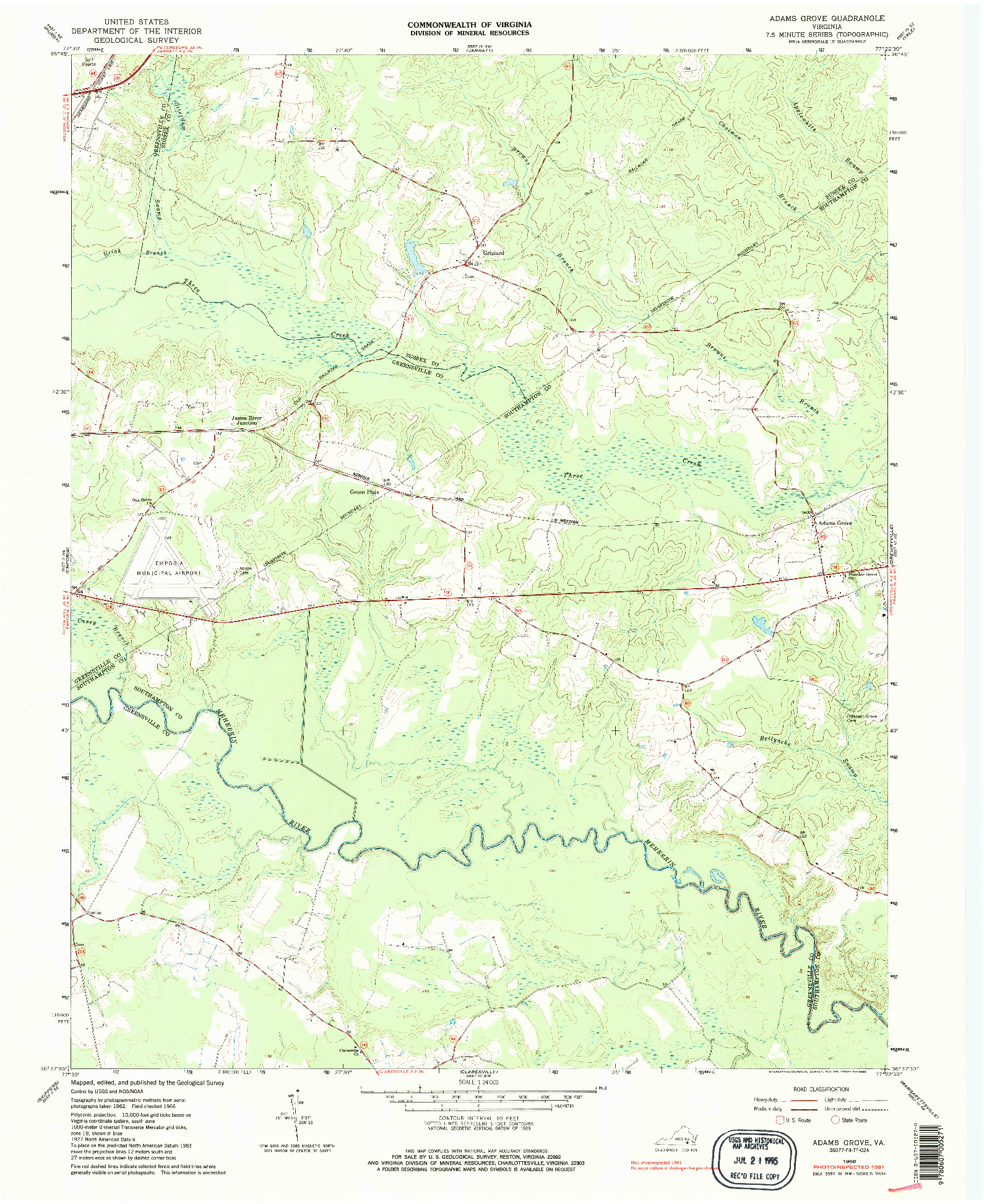 USGS 1:24000-SCALE QUADRANGLE FOR ADAMS GROVE, VA 1966