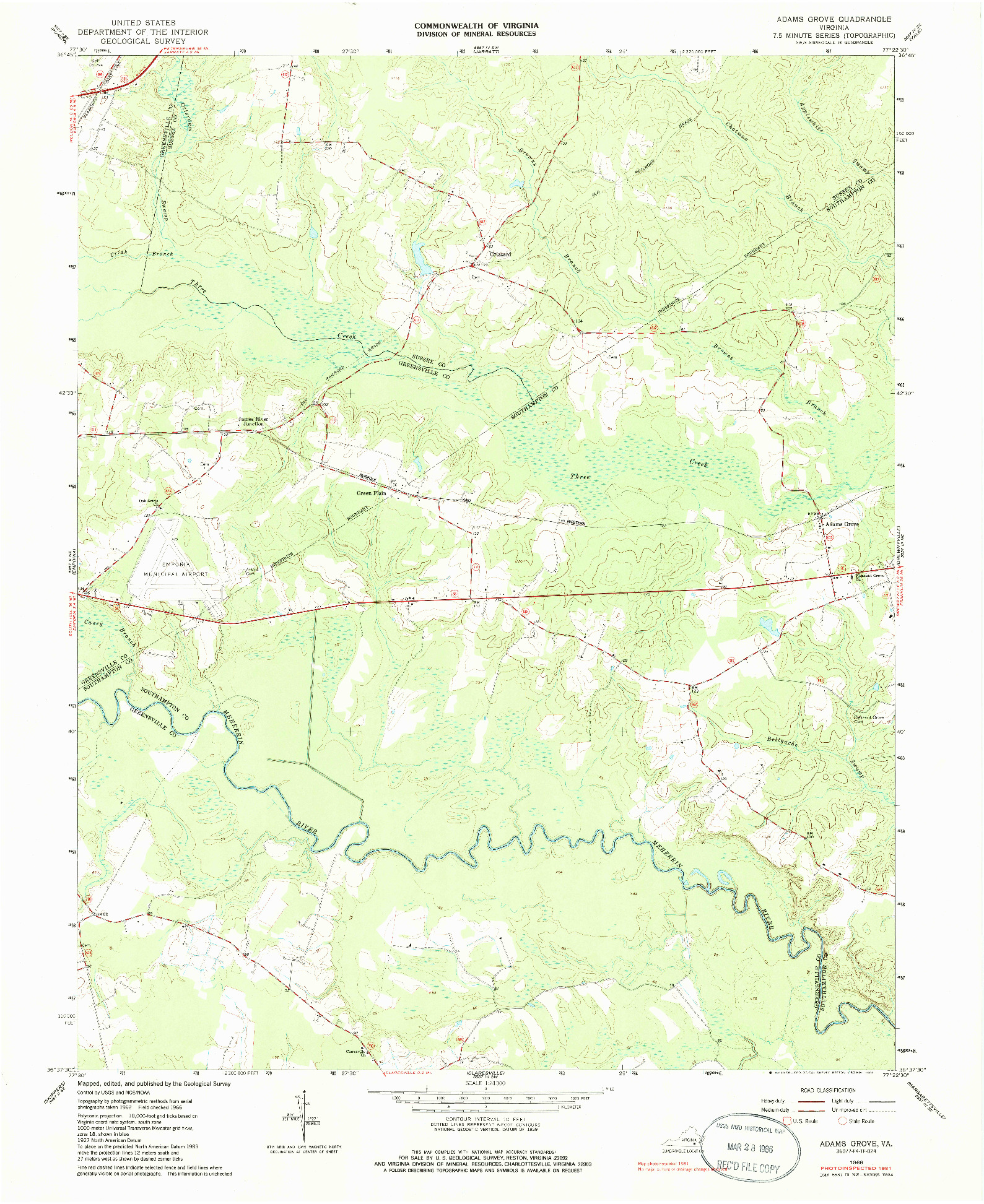 USGS 1:24000-SCALE QUADRANGLE FOR ADAMS GROVE, VA 1966