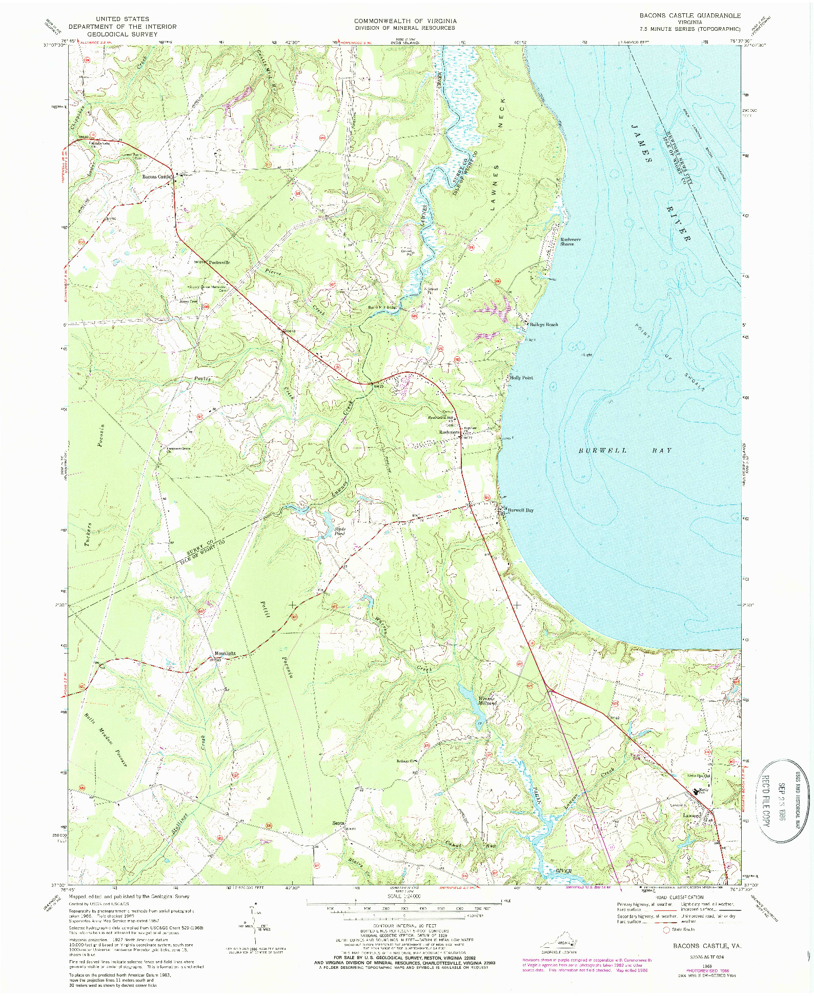 USGS 1:24000-SCALE QUADRANGLE FOR BACONS CASTLE, VA 1969