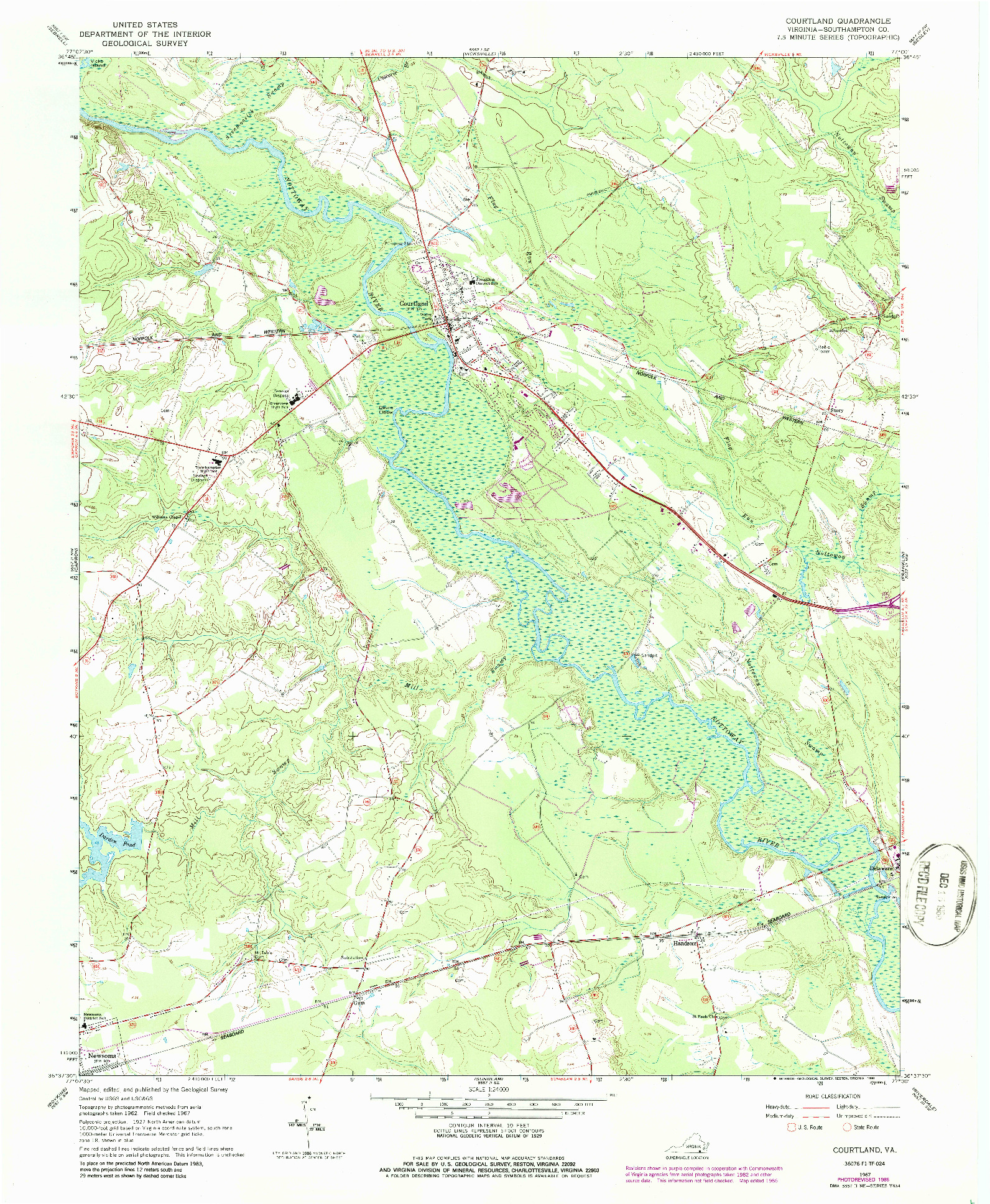 USGS 1:24000-SCALE QUADRANGLE FOR COURTLAND, VA 1967