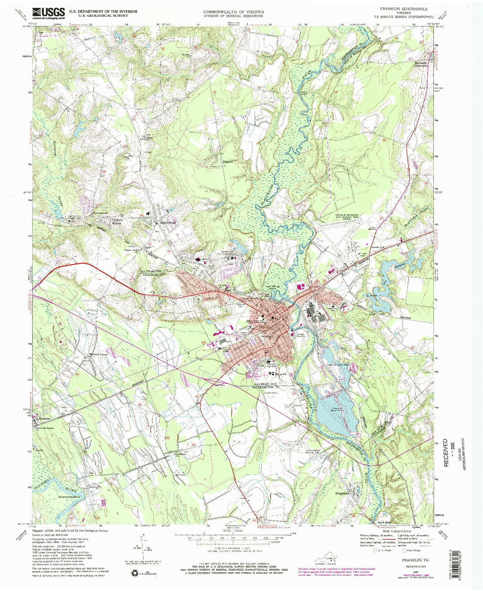 USGS 1:24000-SCALE QUADRANGLE FOR FRANKLIN, VA 1967