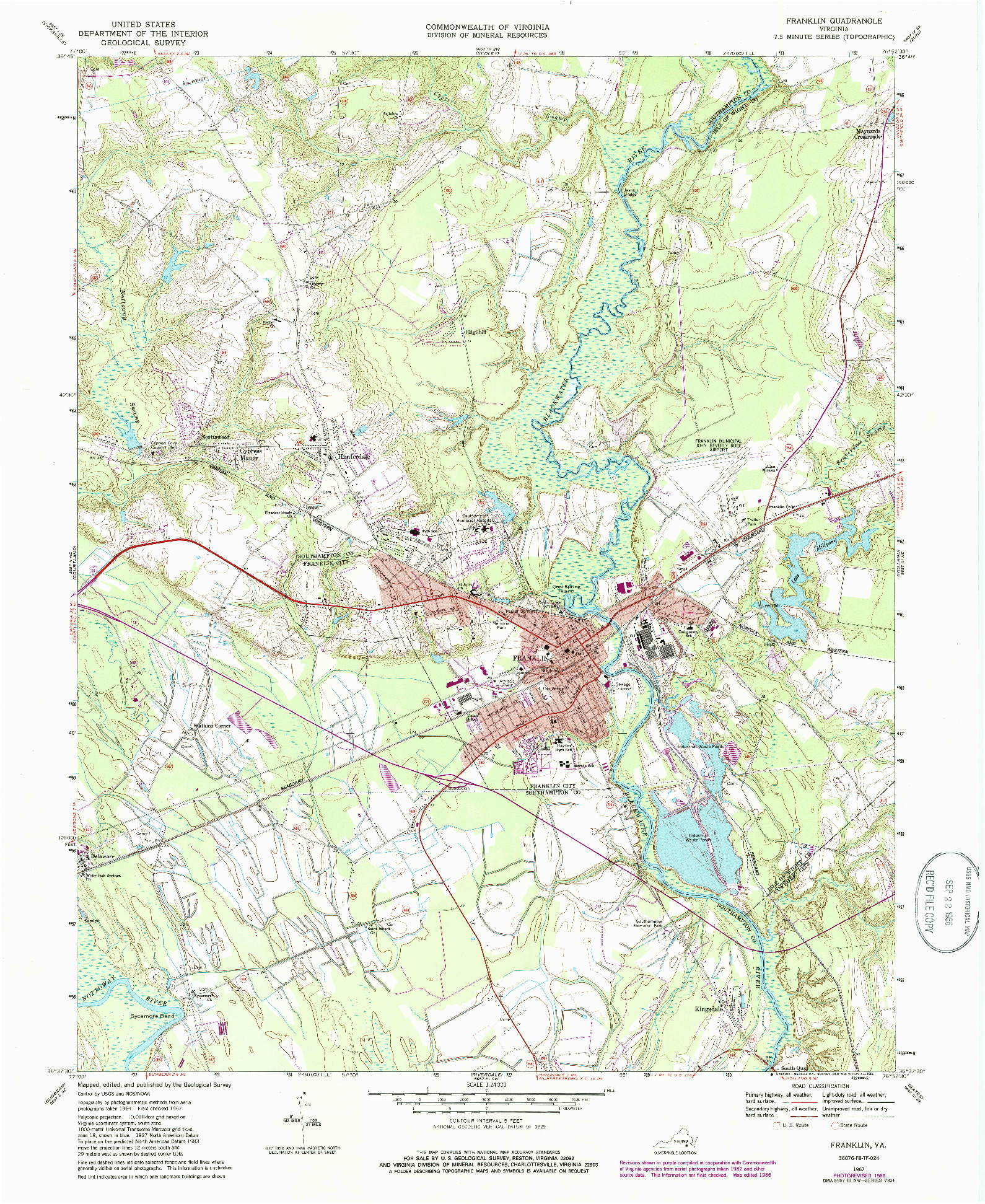 USGS 1:24000-SCALE QUADRANGLE FOR FRANKLIN, VA 1967