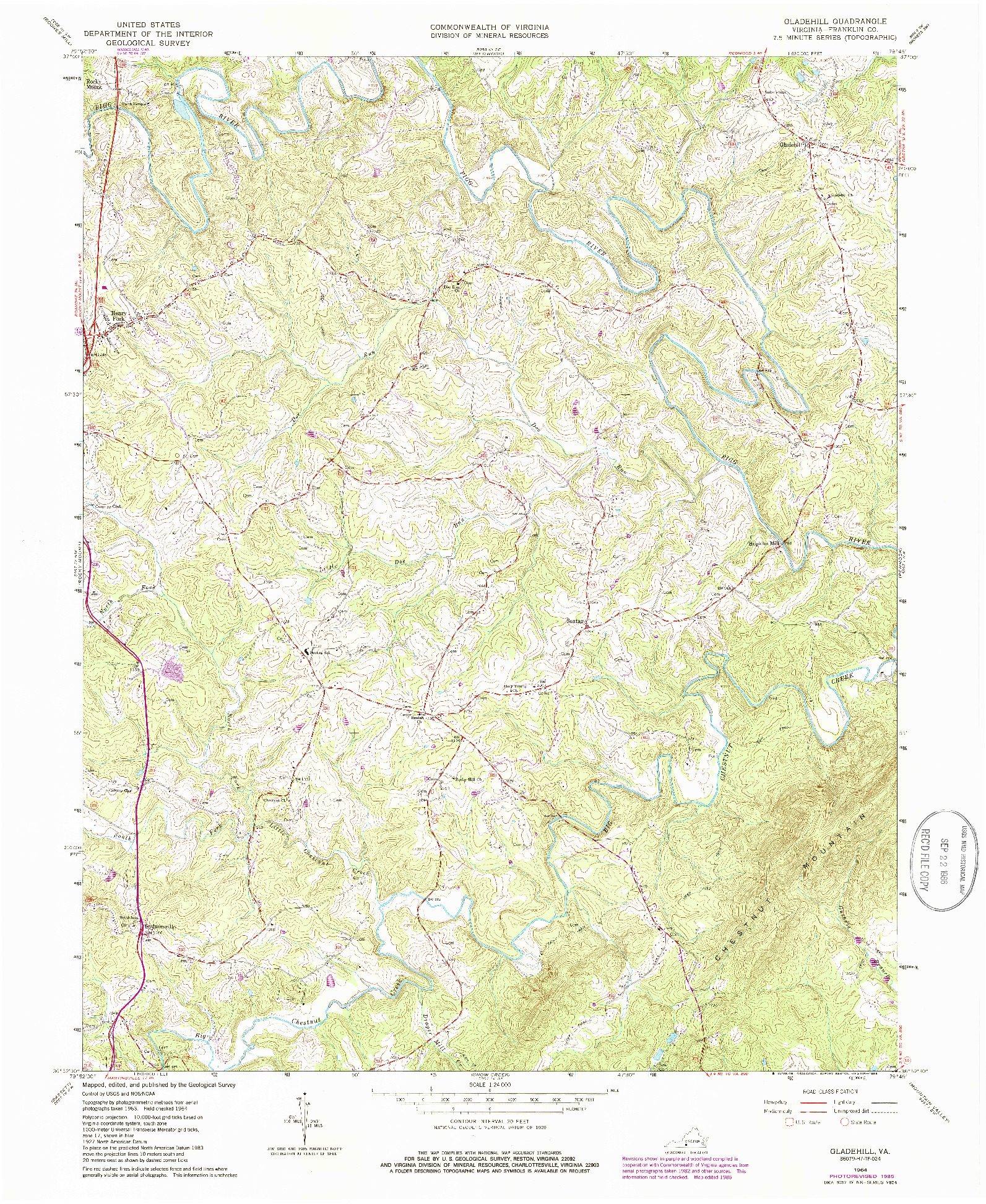 USGS 1:24000-SCALE QUADRANGLE FOR GLADEHILL, VA 1964