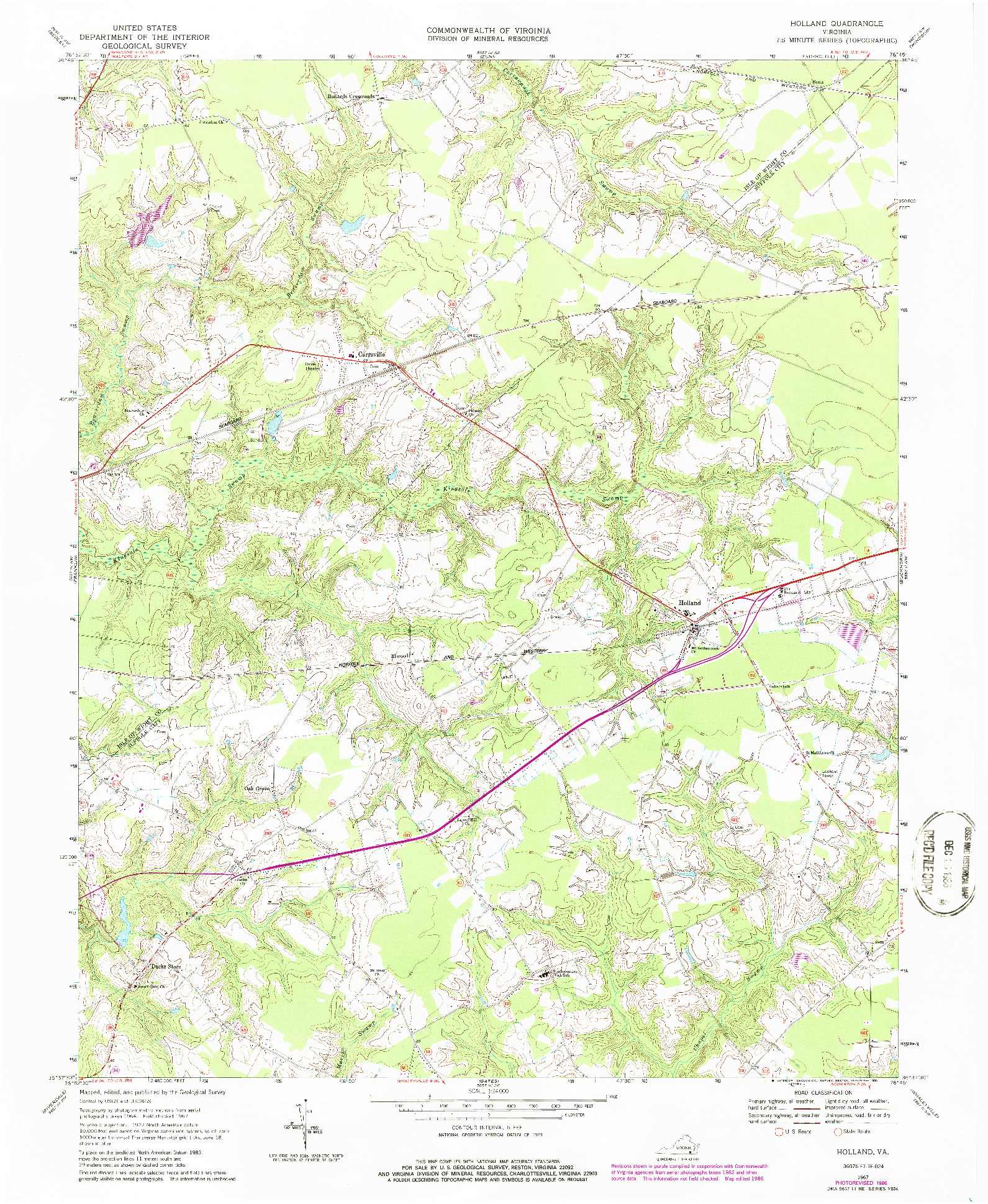 USGS 1:24000-SCALE QUADRANGLE FOR HOLLAND, VA 1967