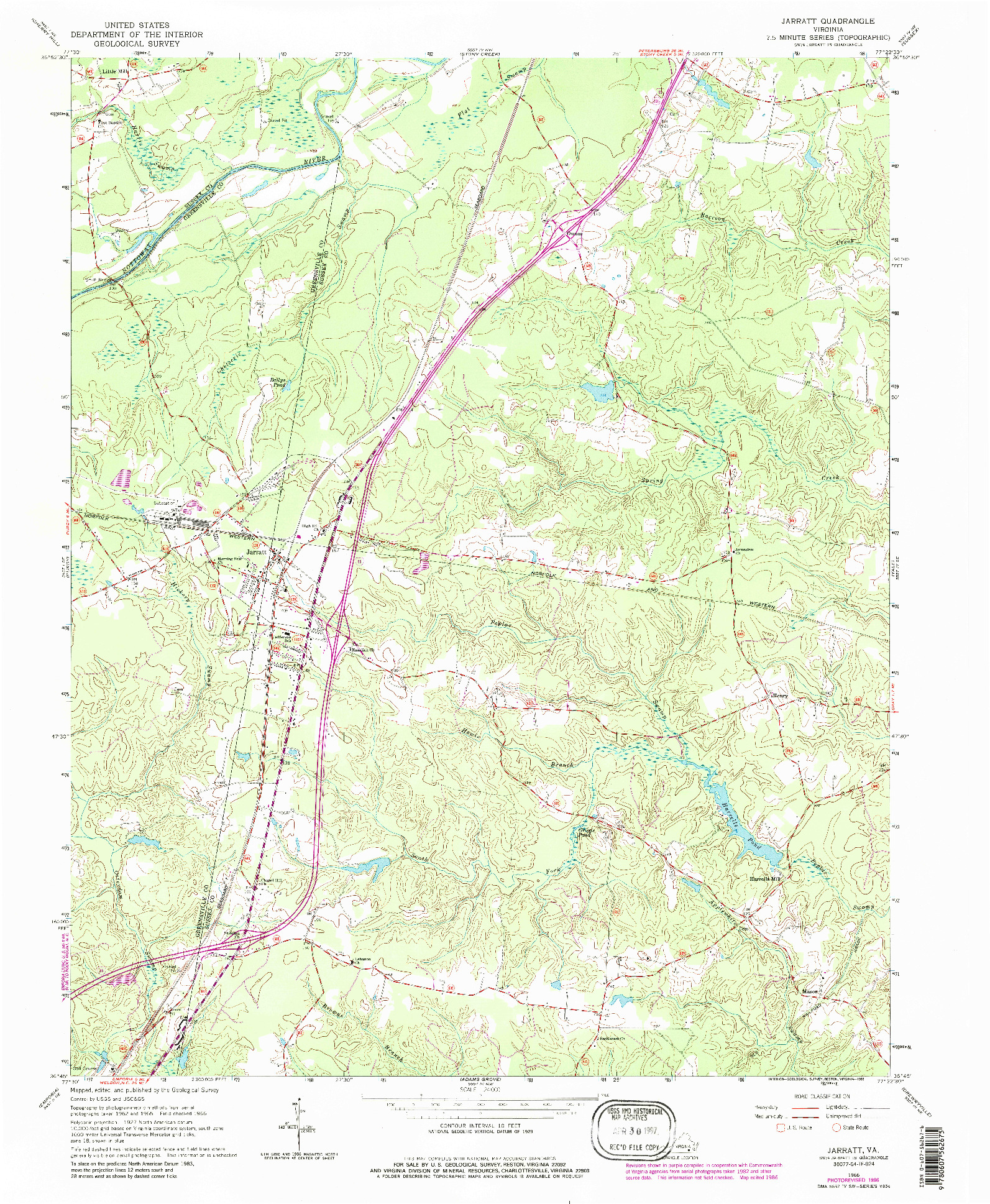 USGS 1:24000-SCALE QUADRANGLE FOR JARRATT, VA 1966