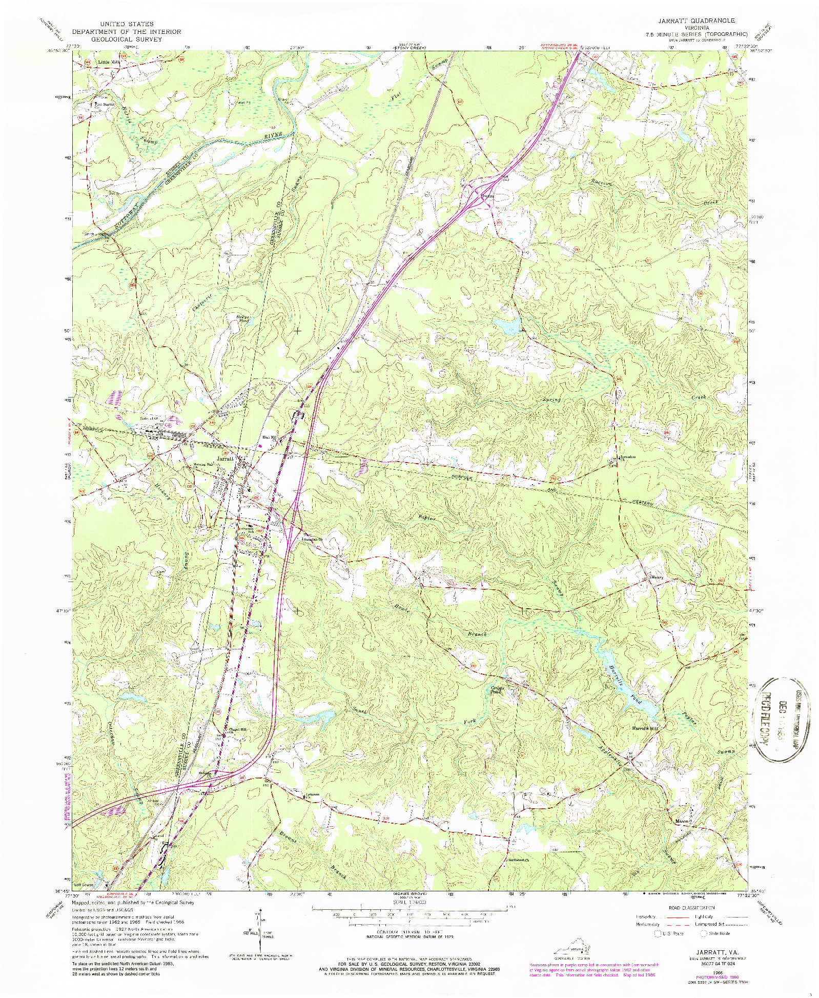 USGS 1:24000-SCALE QUADRANGLE FOR JARRATT, VA 1966