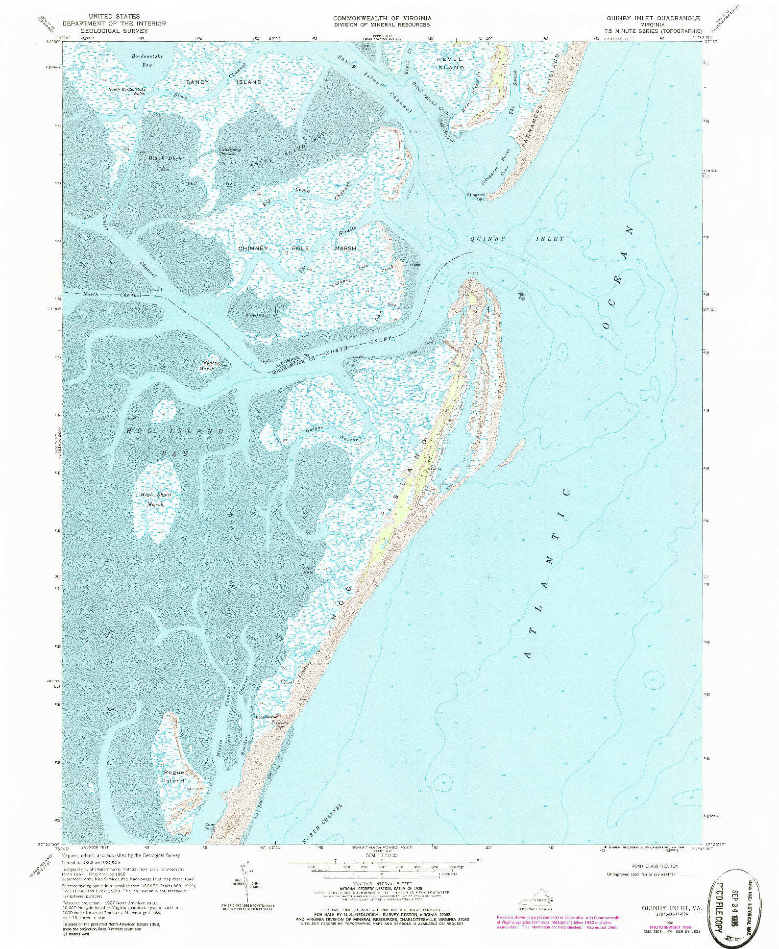 USGS 1:24000-SCALE QUADRANGLE FOR QUINBY INLET, VA 1968