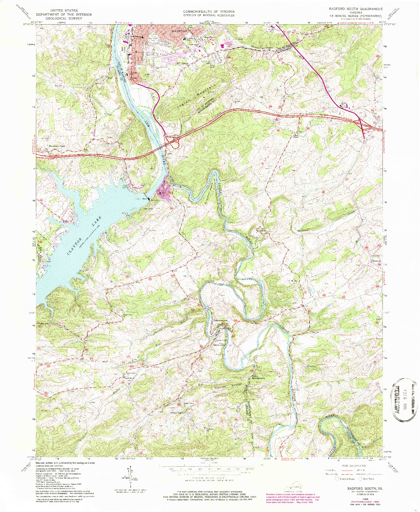 USGS 1:24000-SCALE QUADRANGLE FOR RADFORD SOUTH, VA 1965