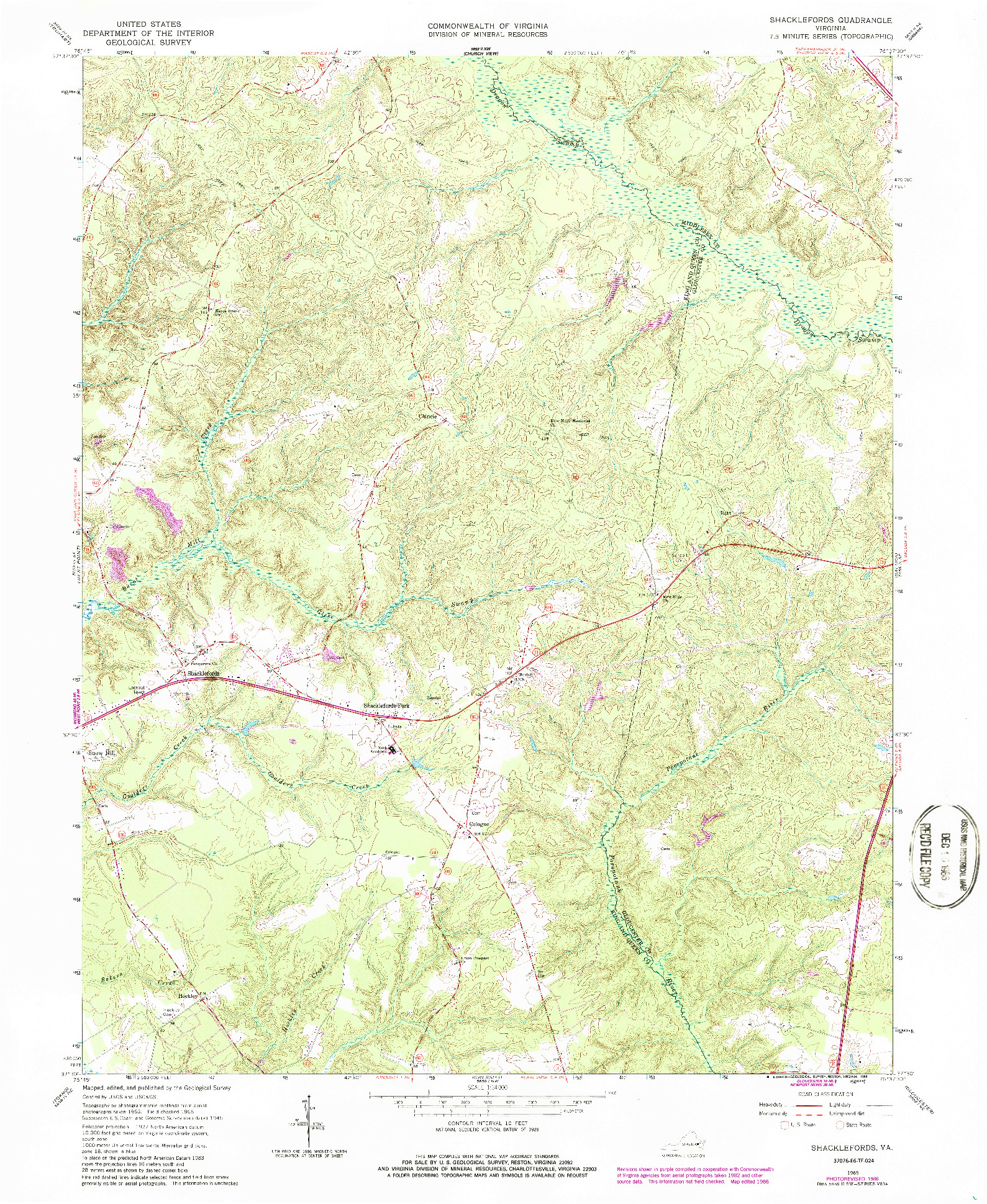 USGS 1:24000-SCALE QUADRANGLE FOR SHACKLEFORDS, VA 1965