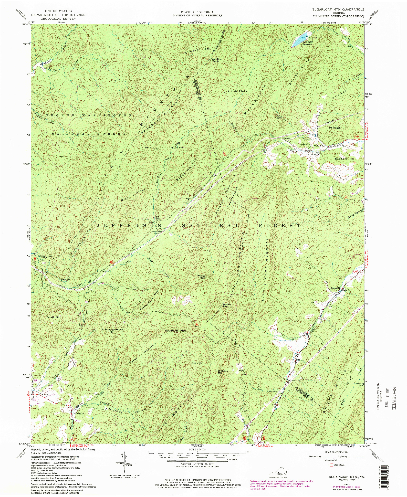 USGS 1:24000-SCALE QUADRANGLE FOR SUGARLOAF MTN, VA 1962