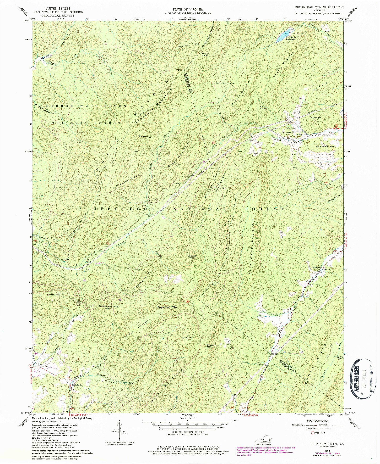 USGS 1:24000-SCALE QUADRANGLE FOR SUGARLOAF MTN, VA 1962