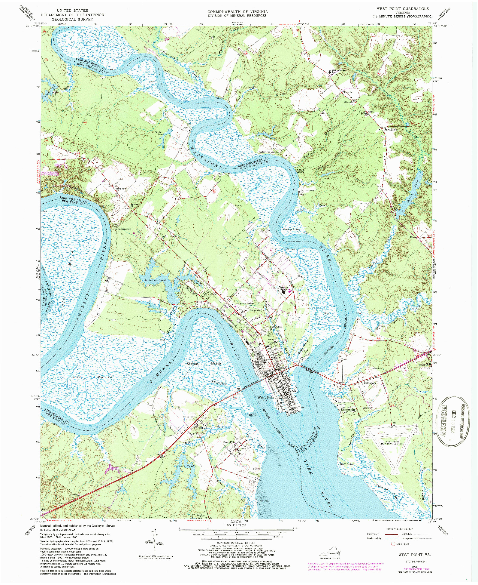 USGS 1:24000-SCALE QUADRANGLE FOR WEST POINT, VA 1965