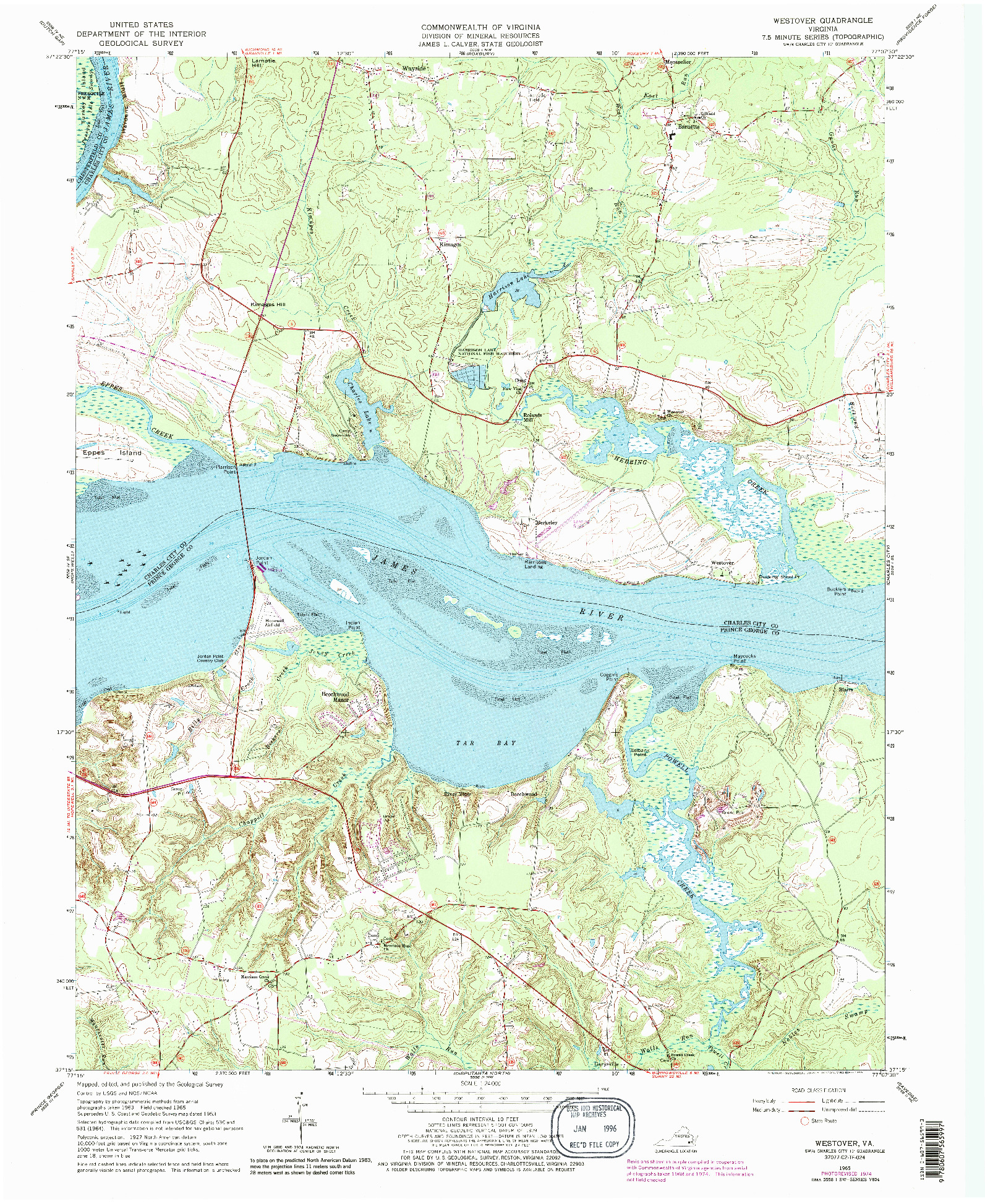 USGS 1:24000-SCALE QUADRANGLE FOR WESTOVER, VA 1965