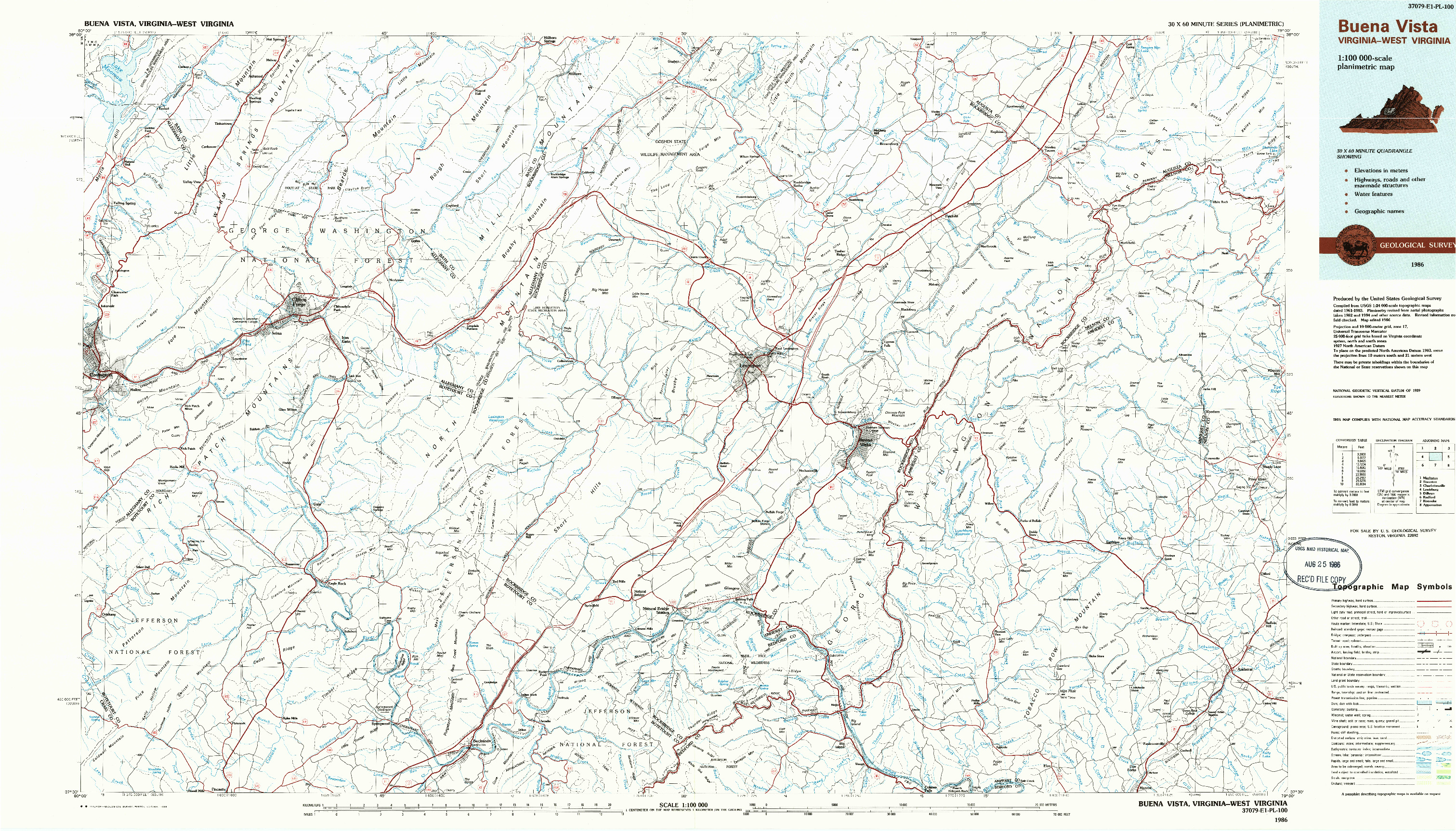 USGS 1:100000-SCALE QUADRANGLE FOR BUENA VISTA, VA 1986