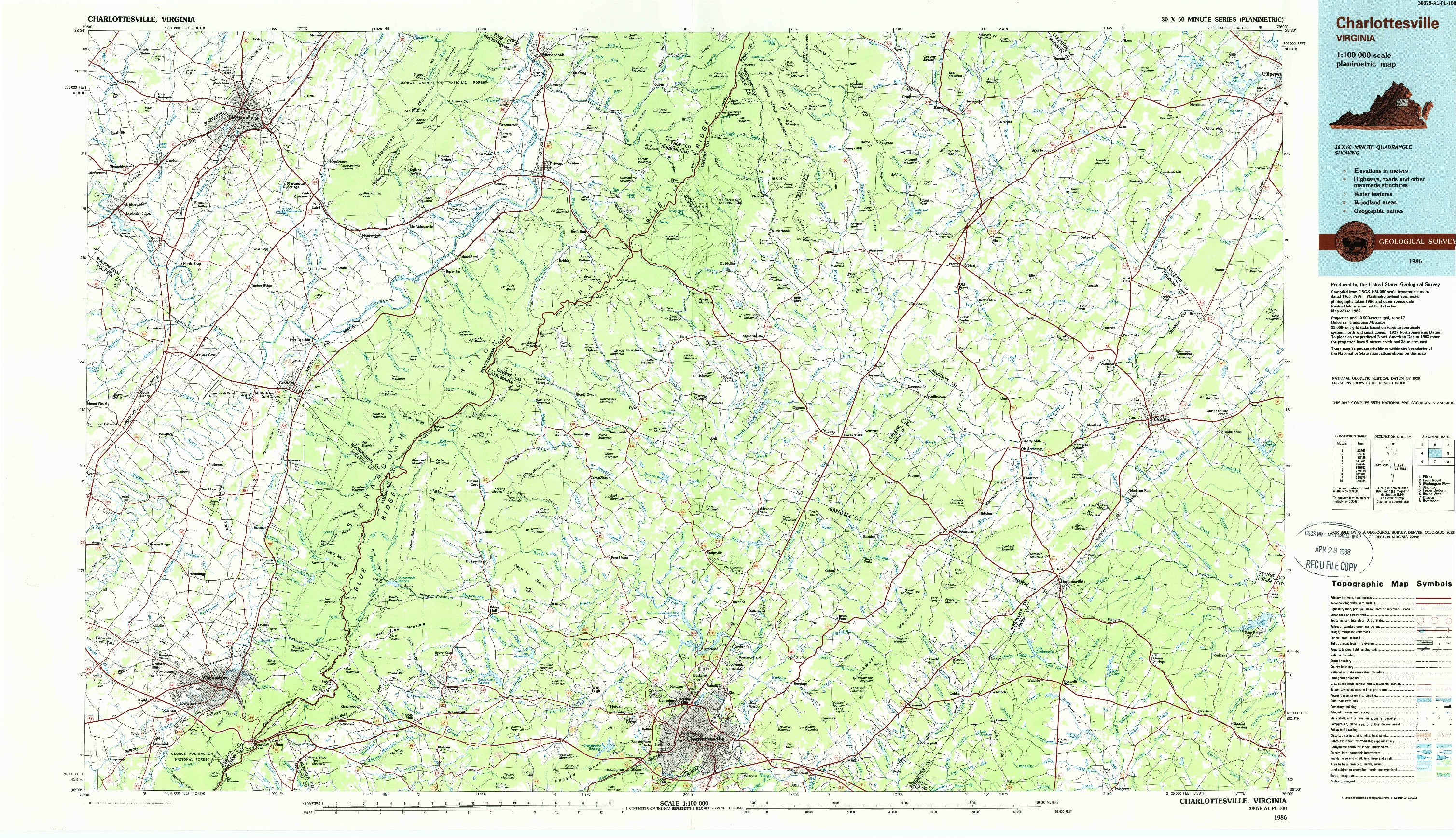 USGS 1:100000-SCALE QUADRANGLE FOR CHARLOTTESVILLE, VA 1986